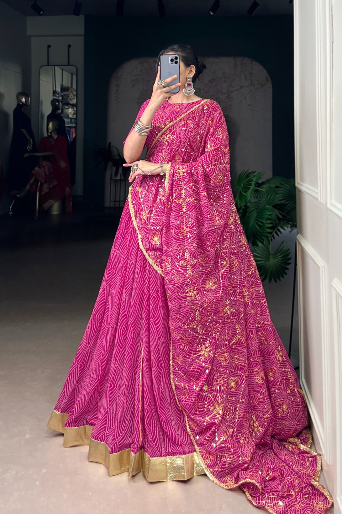 Vibrant Bandhej Print Designer Georgette With Mirror Work Lehenga Choli Set For Wedding And Navratri