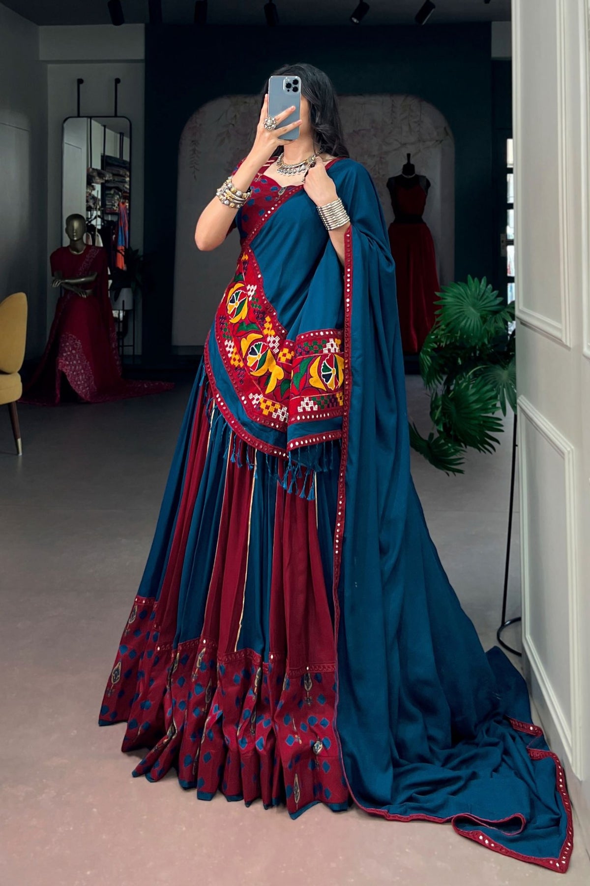 Teal Blue & Maroon Pure Rayon Gamthi Mirror Work Navratri Lehenga Choli