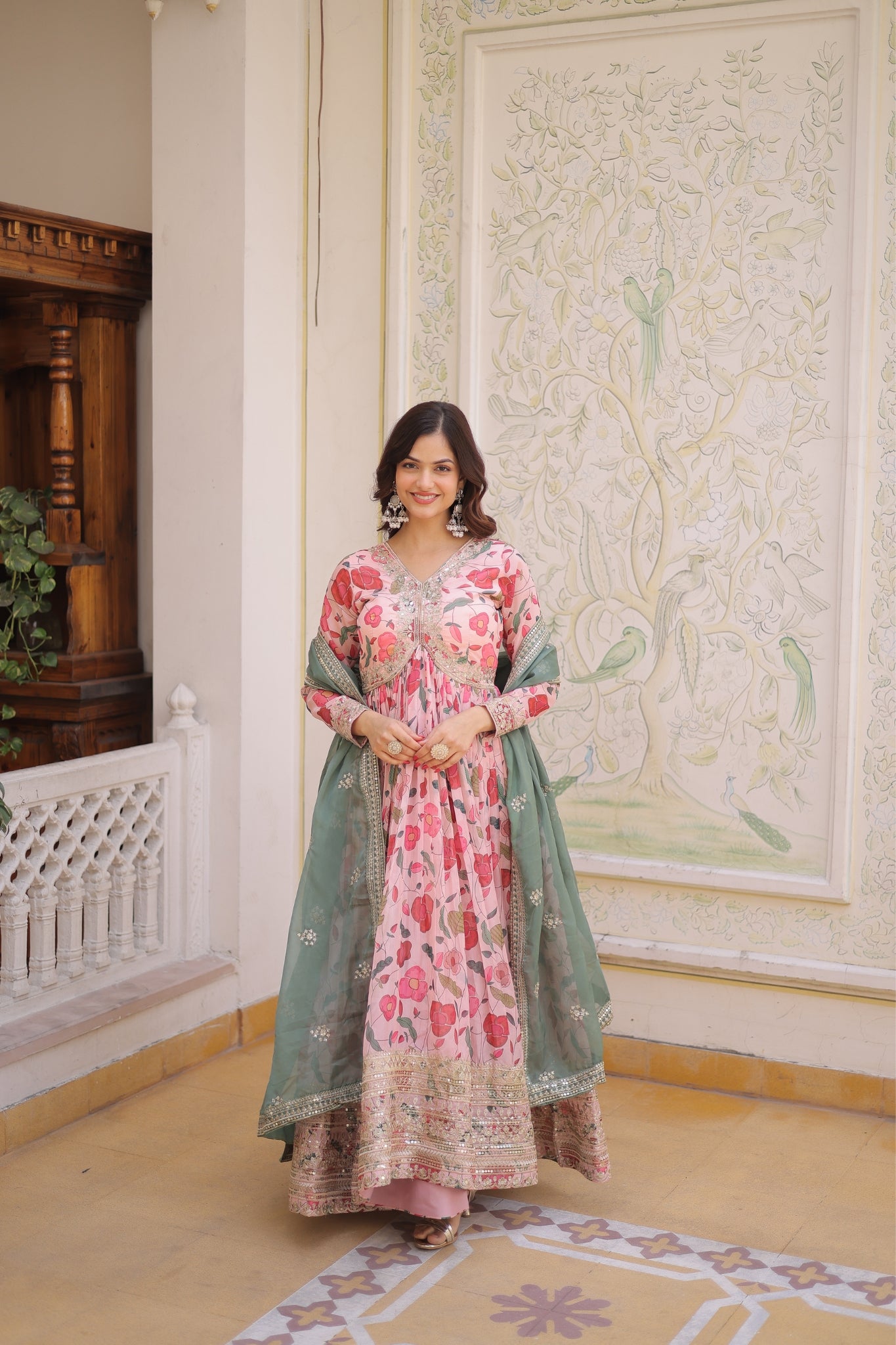 Designer Zari Sequins Embroidery With Printed Russian Silk Anarkali Suit
