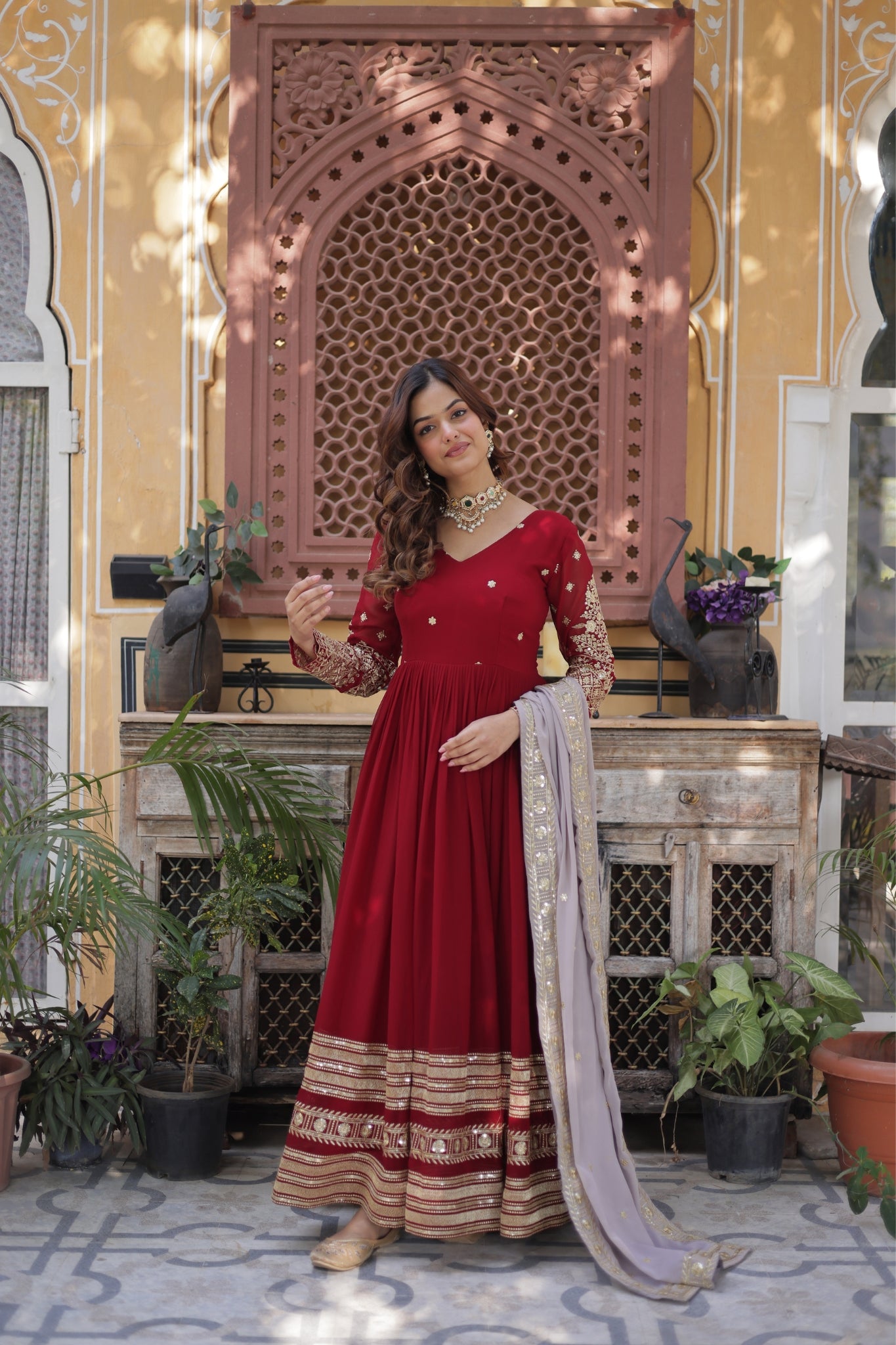 Traditional Maroon Embroidery Sequins Work Anarkali Suit Set