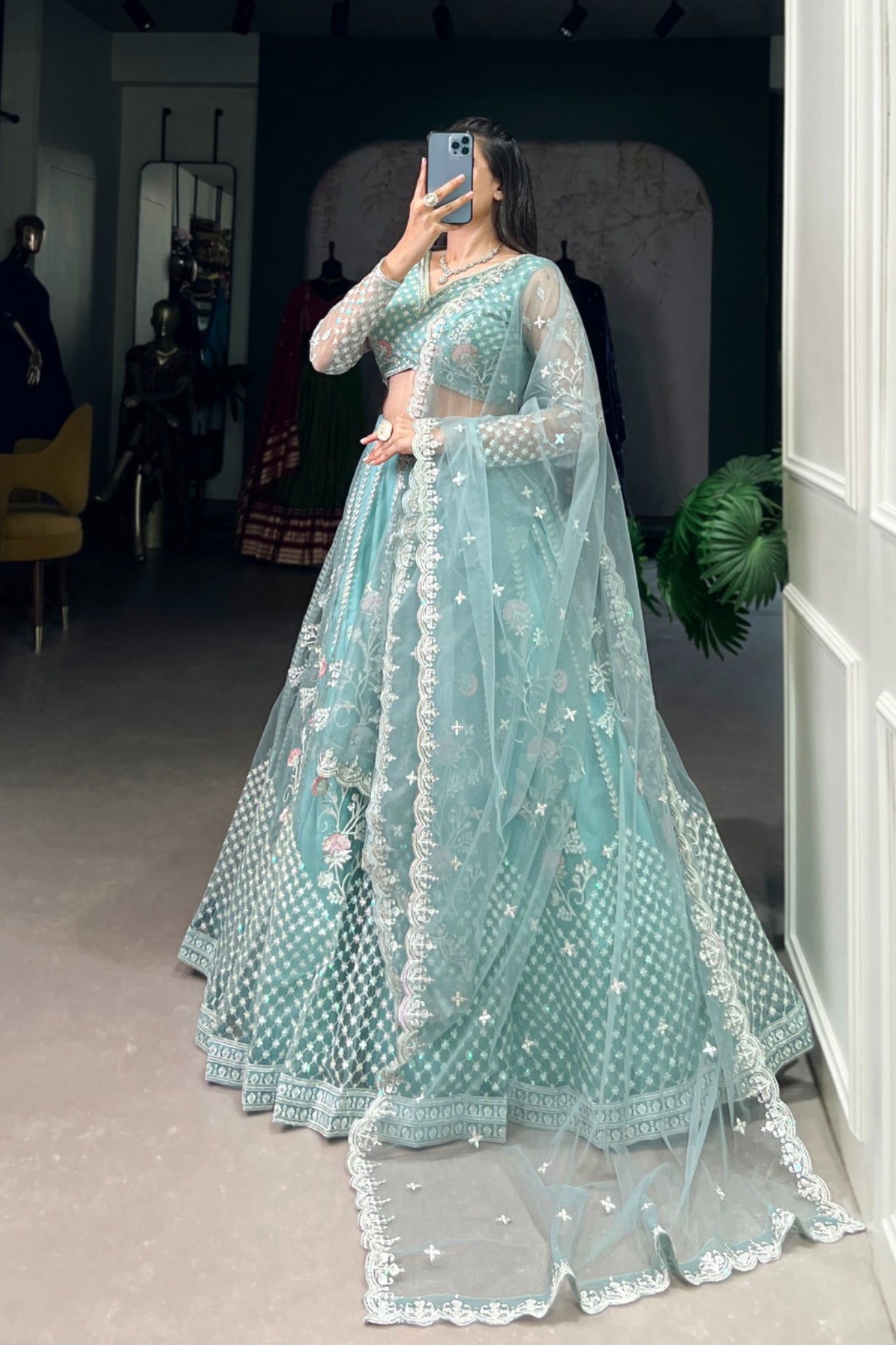 Designer Net Sequins Embroidered Lehenga Set With Dupatta