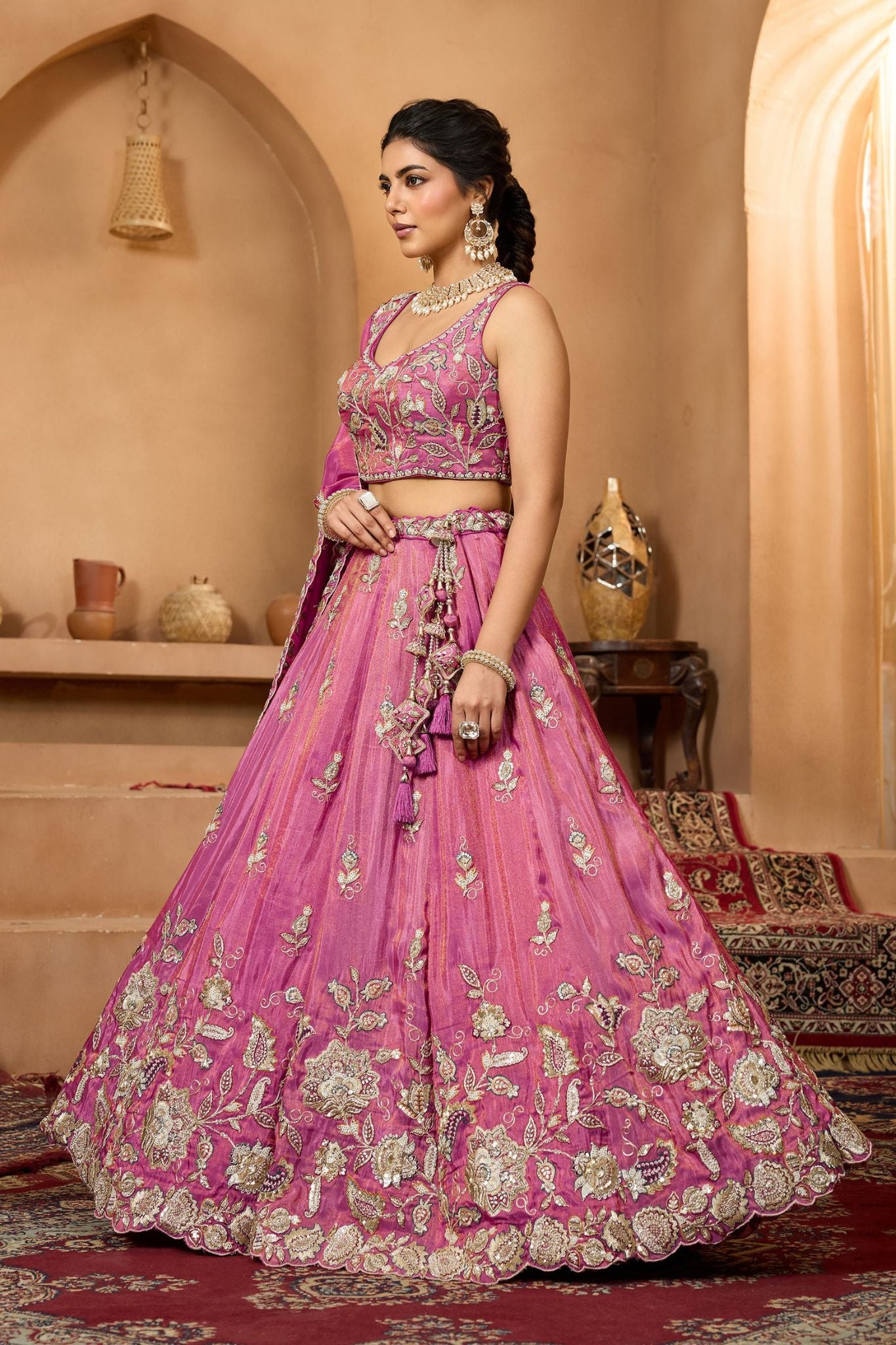 Rani Pink Pure Tissue Designer Lehenga Choli With Heavy Sequins & Thread Embroidery Work