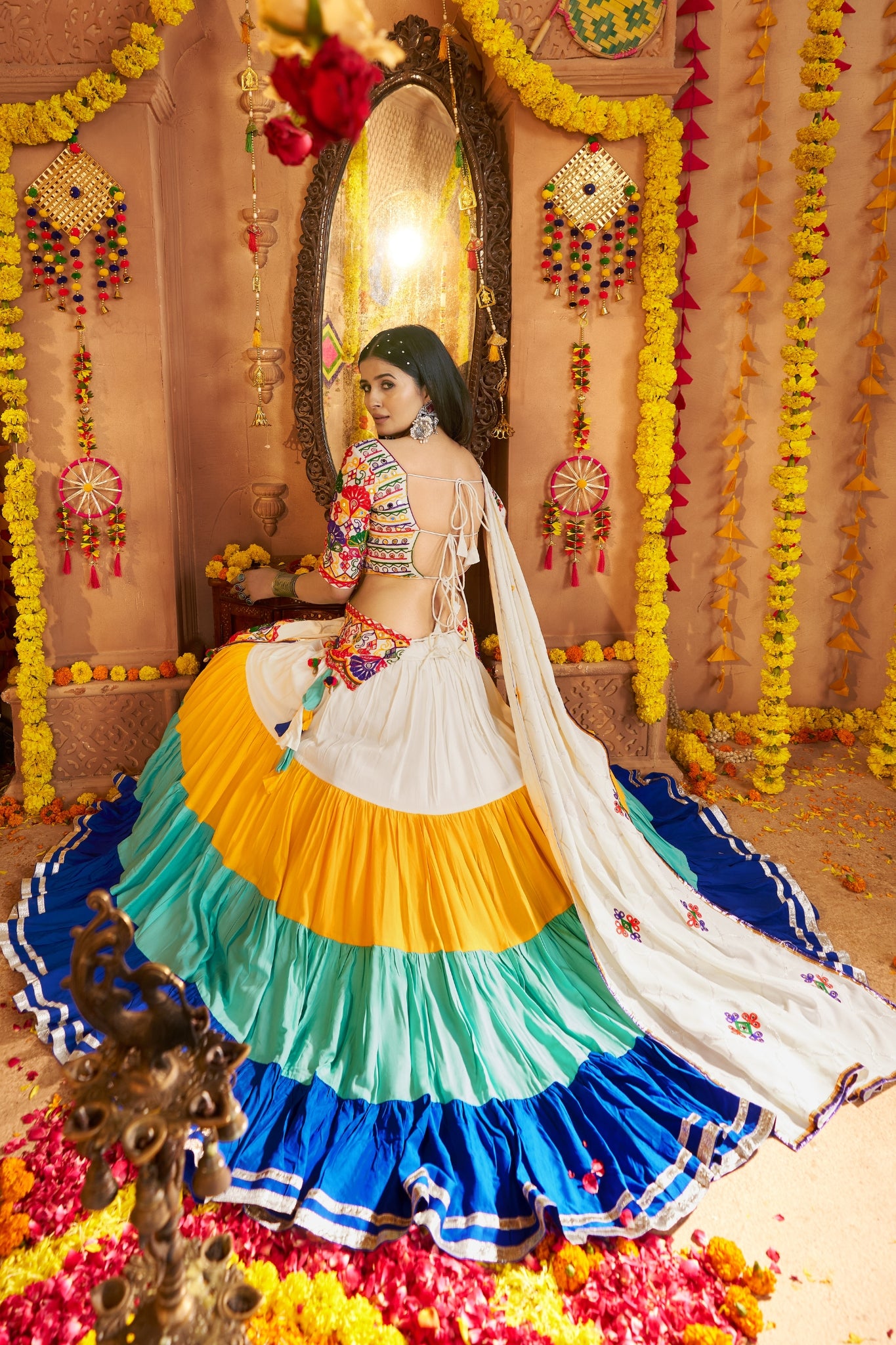 Beautiful Viscose Cotton Traditional Tread Embroidered With Mirror Work Navratri Lehenga Choli
