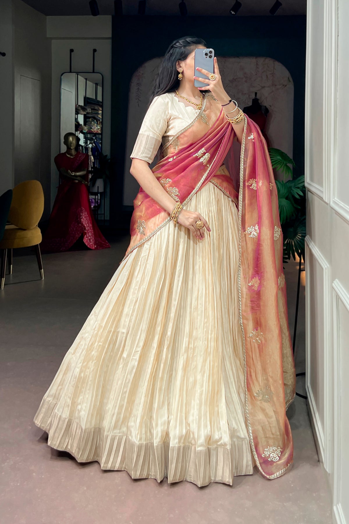 Designer Pleated Poly Kotha Tasar Lehenga Choli For Festive & Wedding Wear