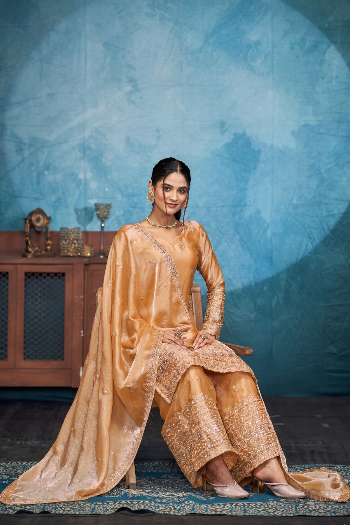 Gold Fendi Thread Embroidered With Sequins Work Sharara Set Of 3