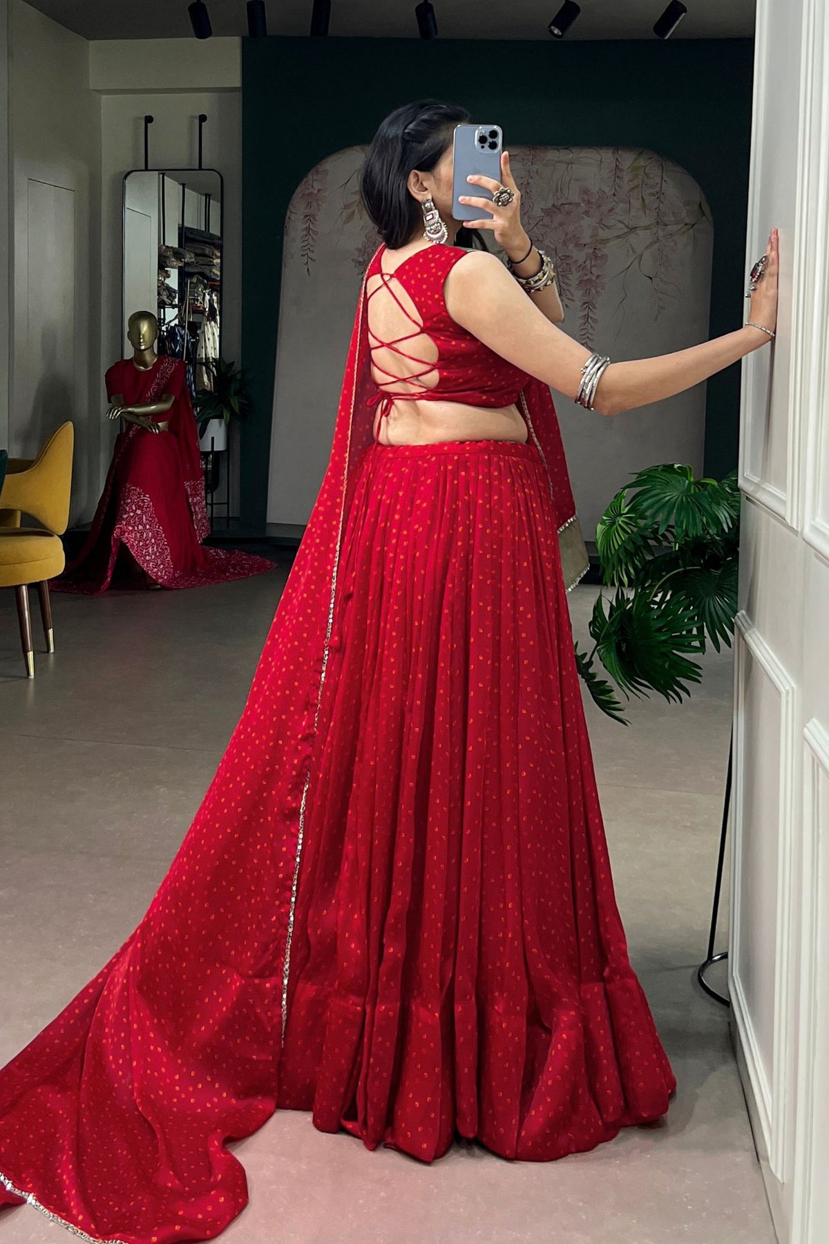 Red Traditional Bandhej Designer Navratri Lehenga Choli
