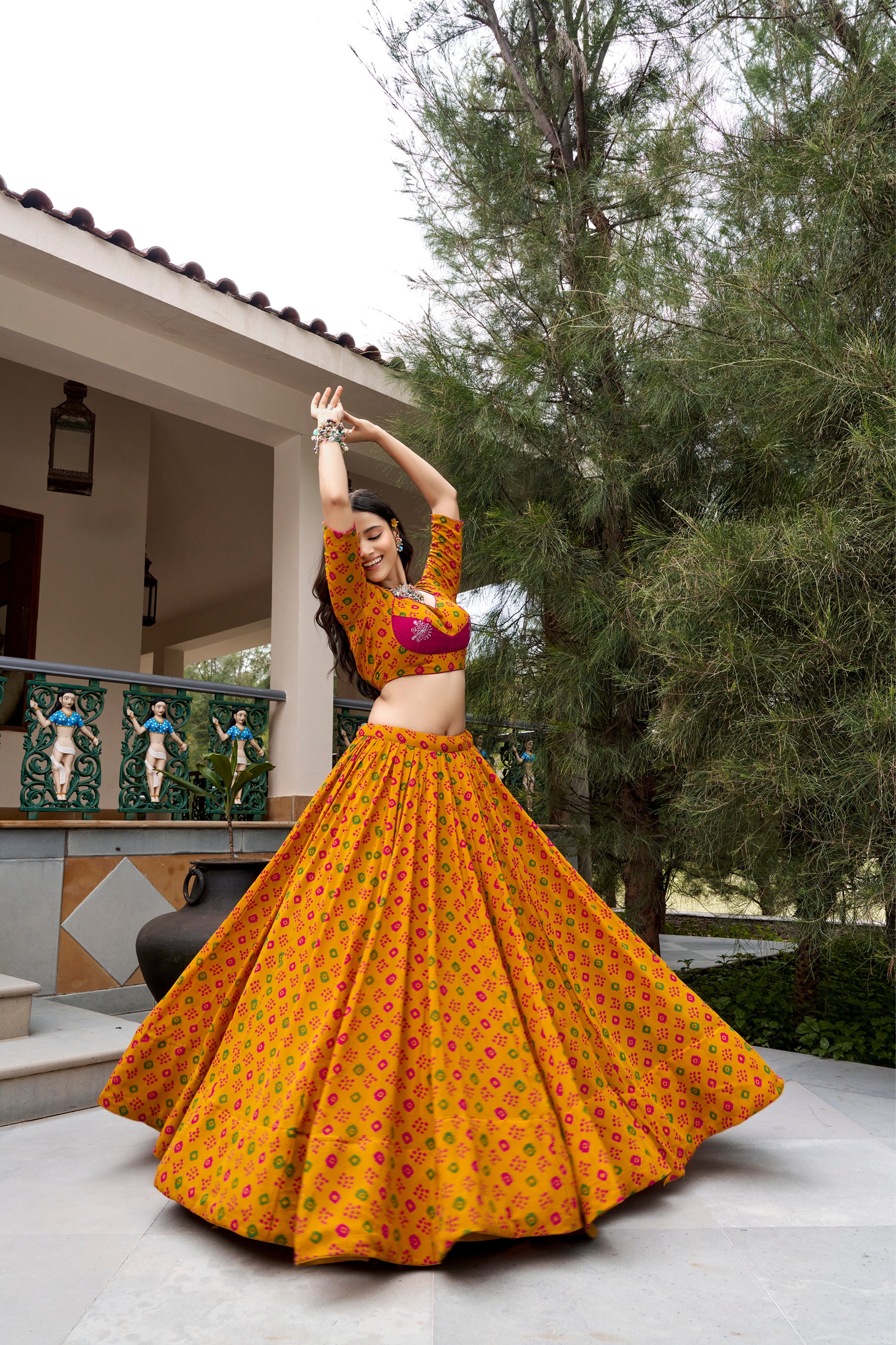 Mustard Georgette Bandhej Print With Embroidery Work Designer Navratri Chaniya Choli For Women