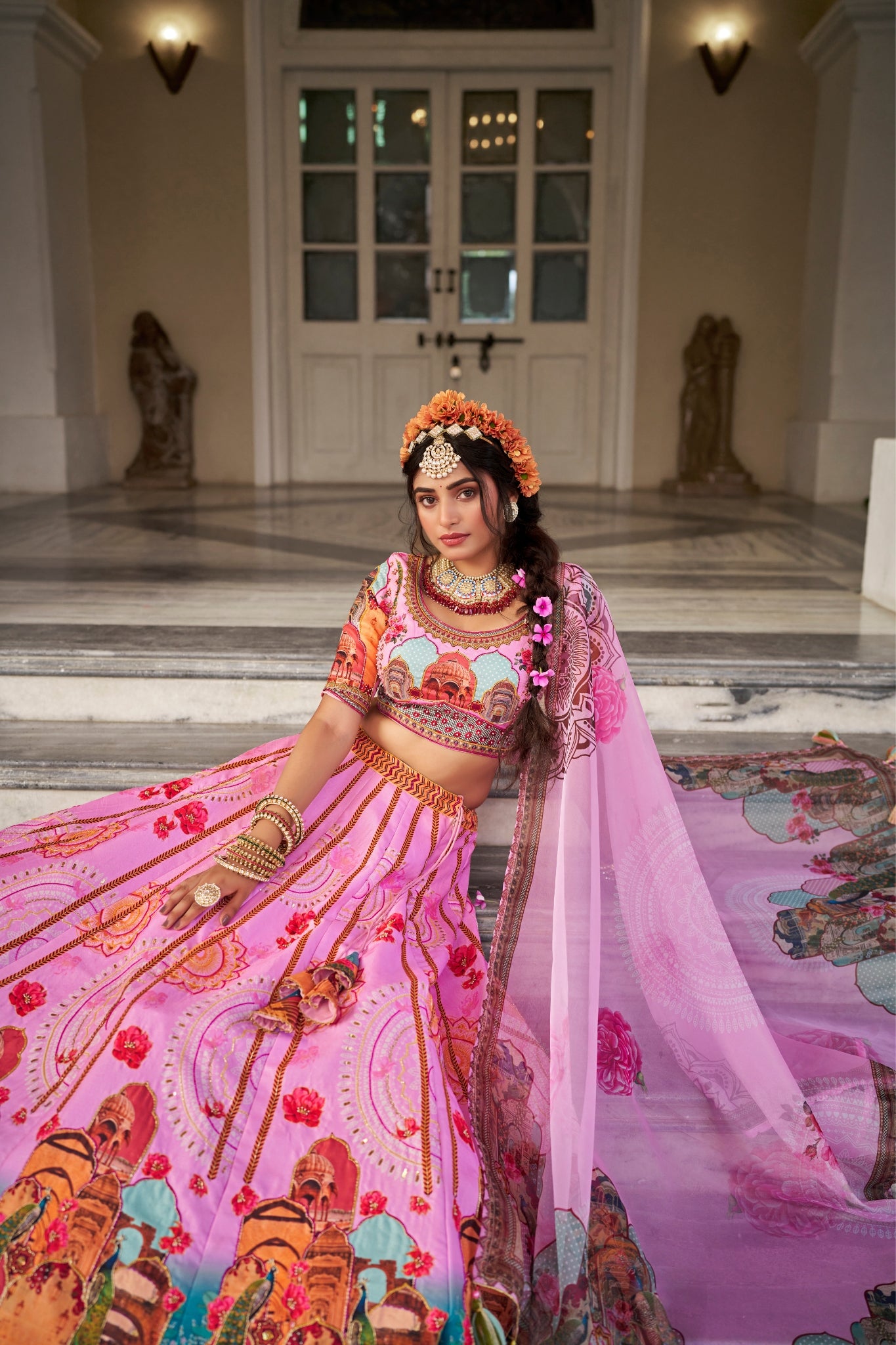 Royal Pink Art Silk Digital Print Lehenga Set With Handwork And Organza Dupatta