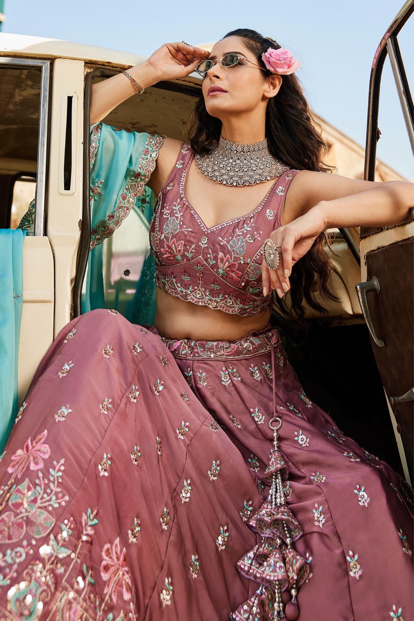 Dusty Rose Rangoli Silk Designer Lehenga Choli With Aqua Blue Embroidered Dupatta