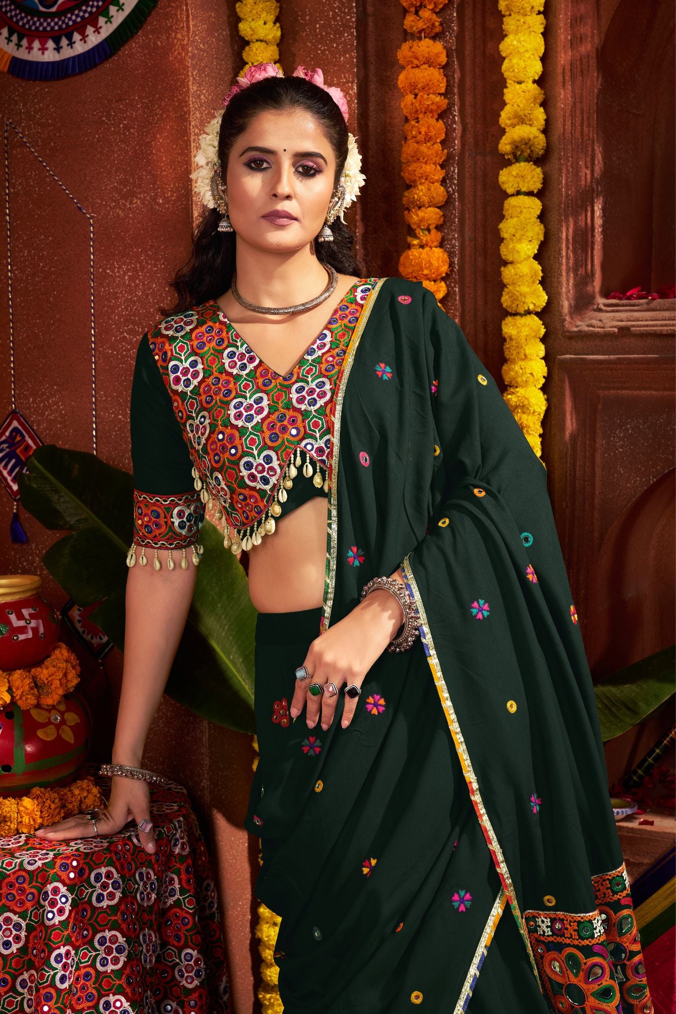 Premium Designer Green Viscose Cotton Thread With Mirror Work Navratri Lehenga CHoli