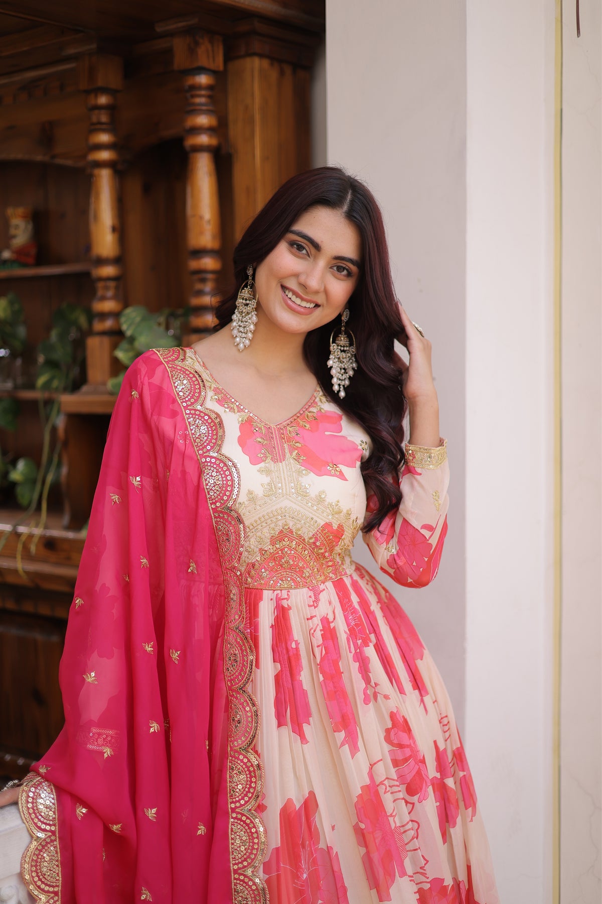 Designer Pink Floral Anarkali Gown with Dupatta Set