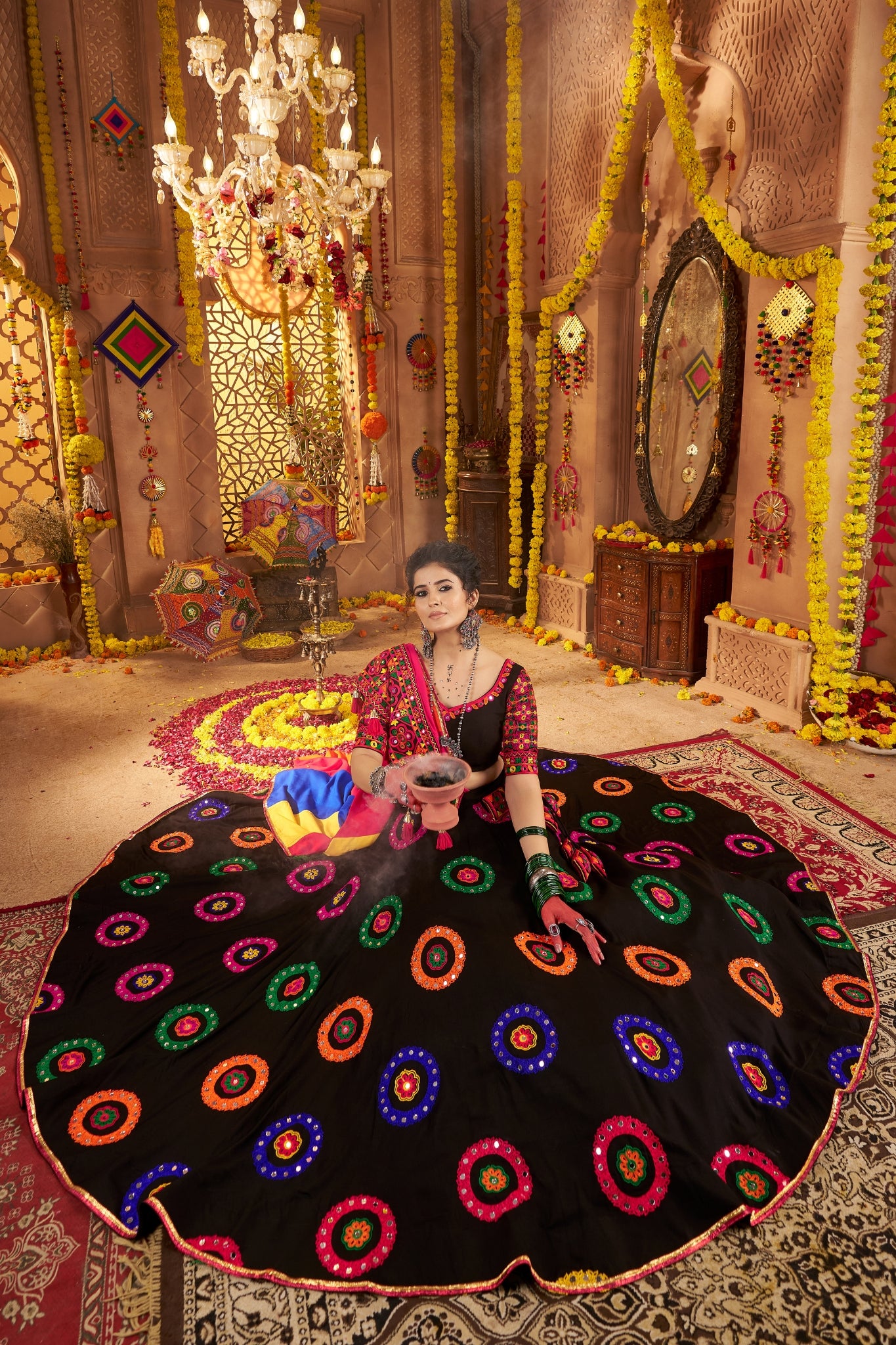 Viscose Cotton Elegant Thread Embroidered With Mirror Work Traditional Navratri Lehenga Choli