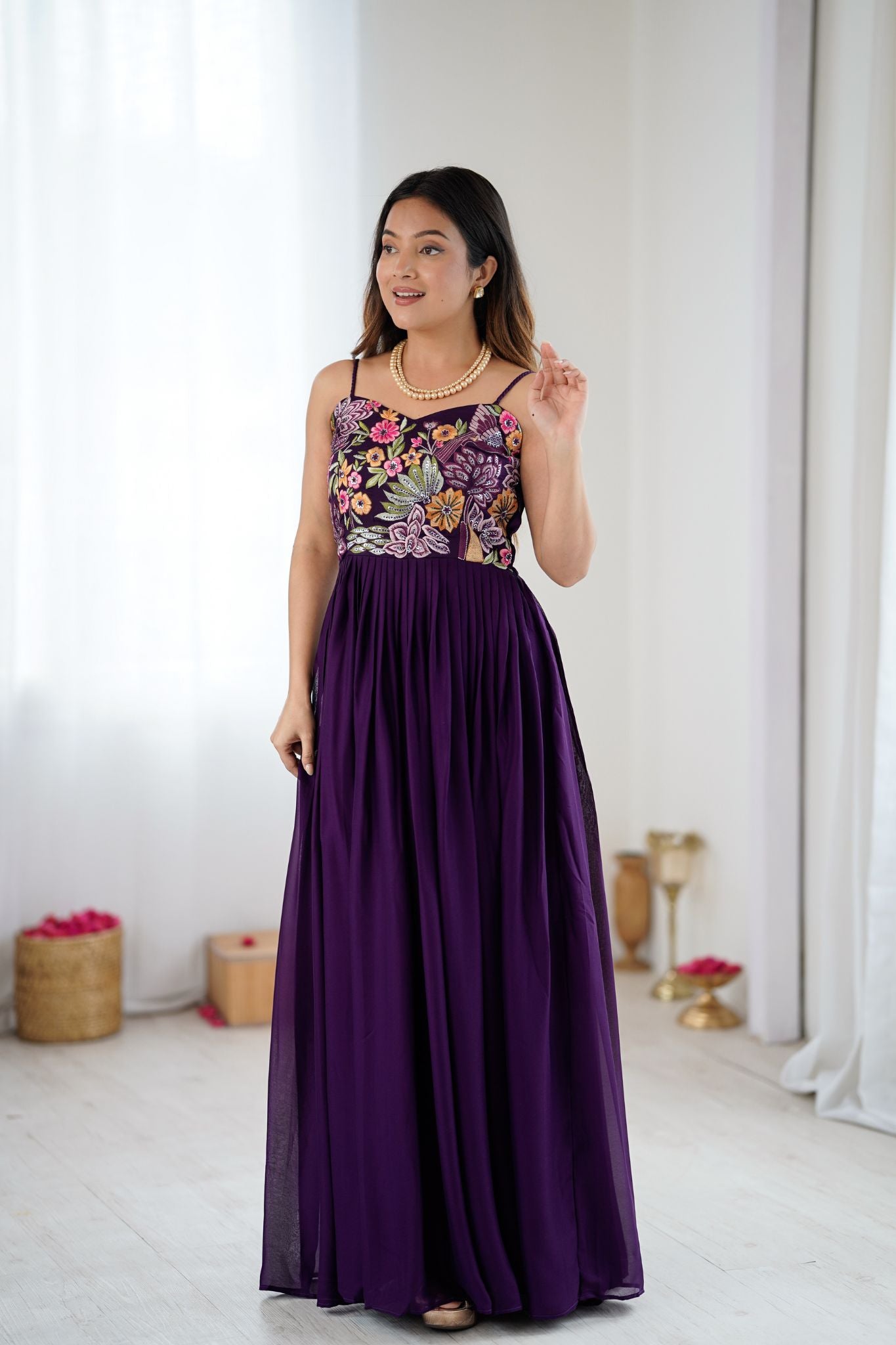 Purple Floral Embroidered Designer Pure Georgette Gown For Women