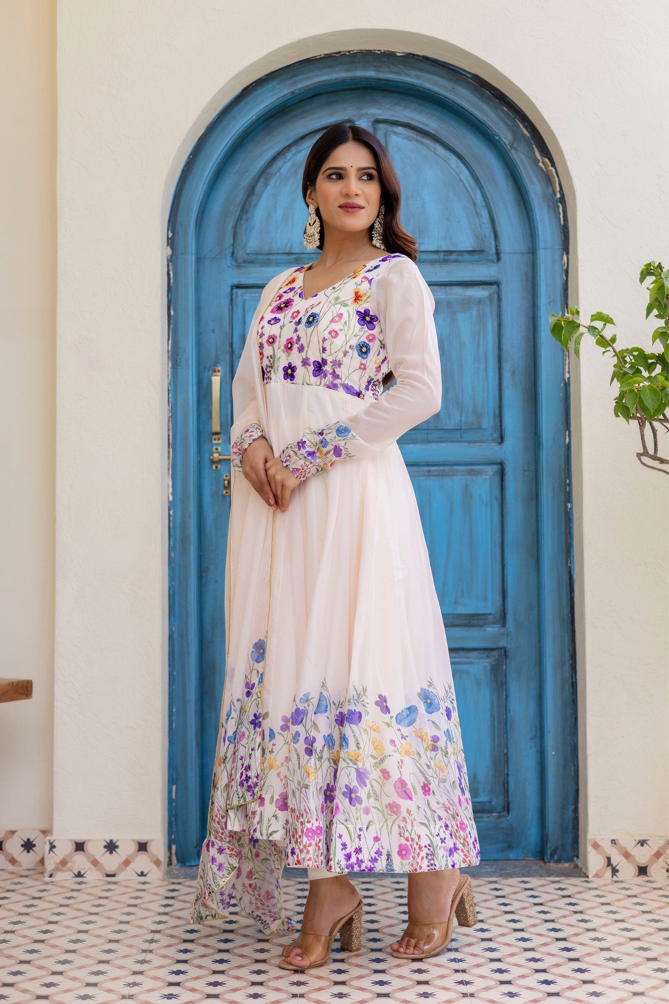 Ivory Floral Printed Organza Anarkali Set With Dupatta