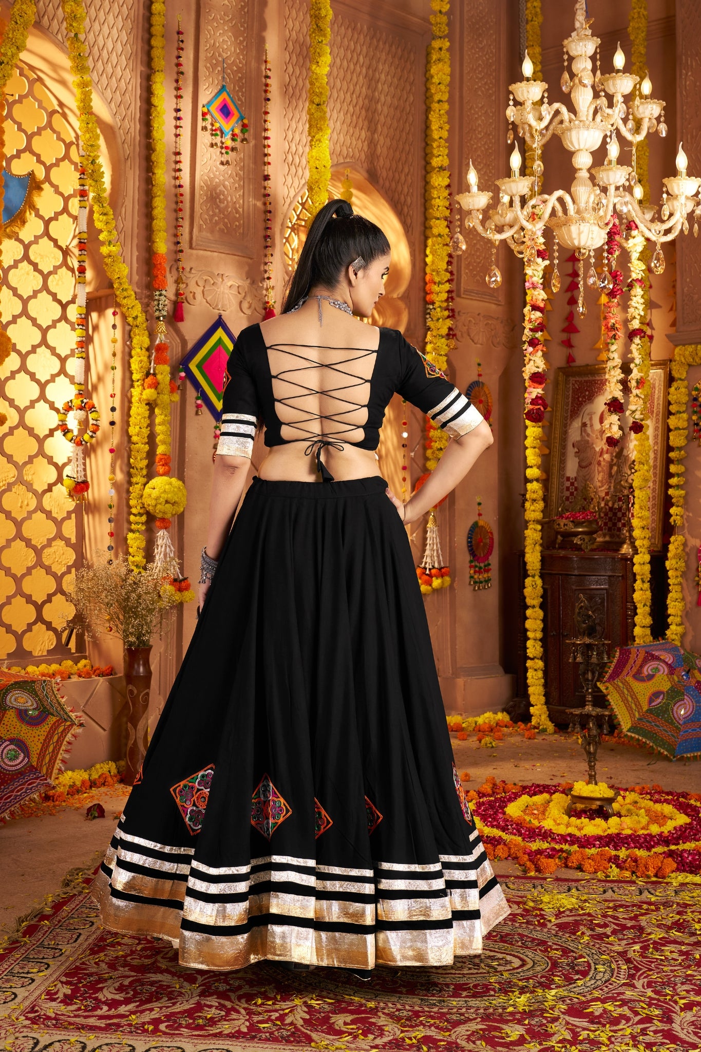 Navratri crafted Designer Viscose Rayon Tread Embroidered With Mirror Work Black Readymade Lehenga Choli