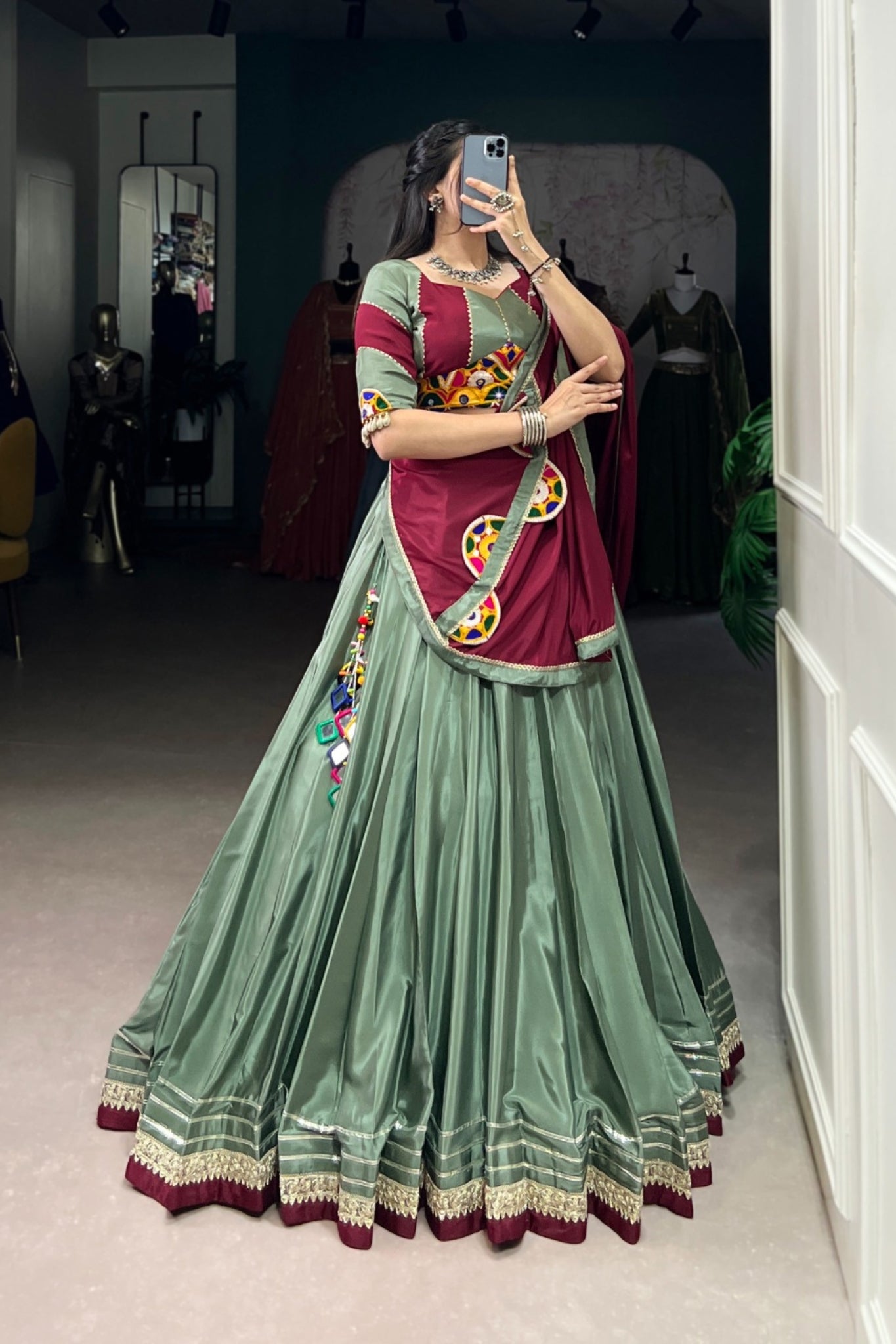 Traditional Original Mirror Gamthi Work With Embroidered Gotta Patti Lace Touch Up Navratri Lehenga Choli