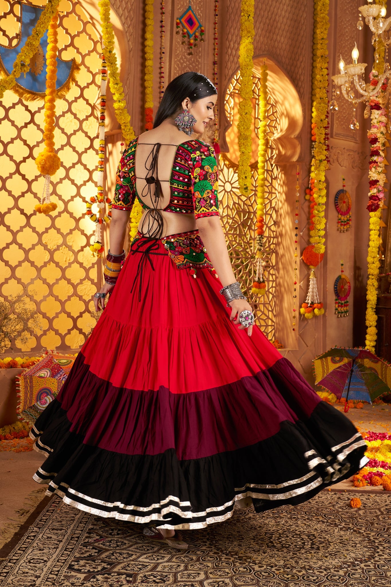 Festive Designer Viscose Cotton Multi Tread With Mirror Work Traditional Navratri Lehenga Choli