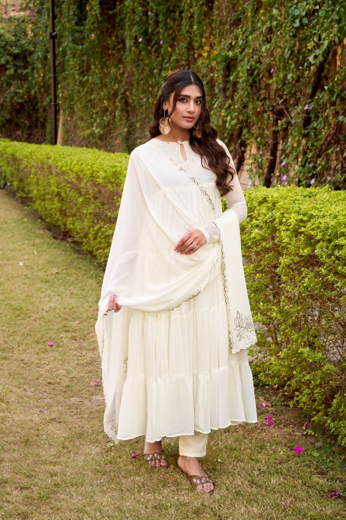 Ethereal Marble Refined Foil Work Anarkali Set With Flowing Dupatta