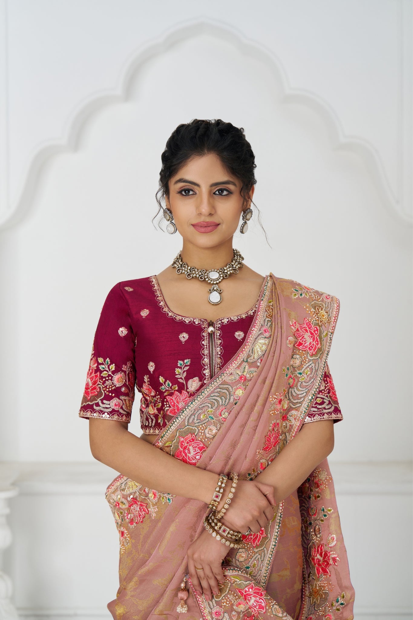 Stunning Peach Pure Dola Viscose Silk Stylish Wedding Saree