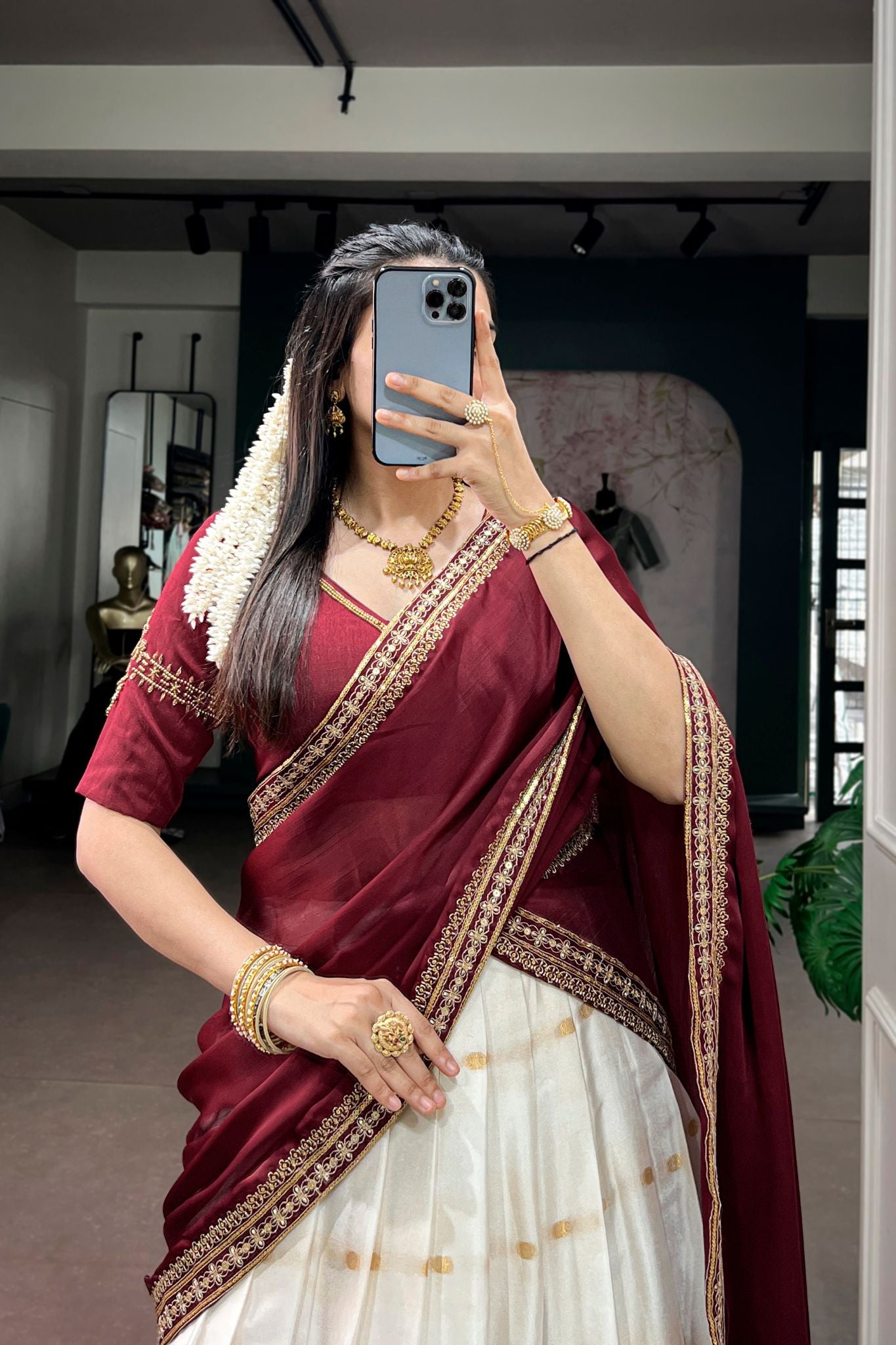 Ivory Maroon Silk Cotton Designer Lehenga Choli