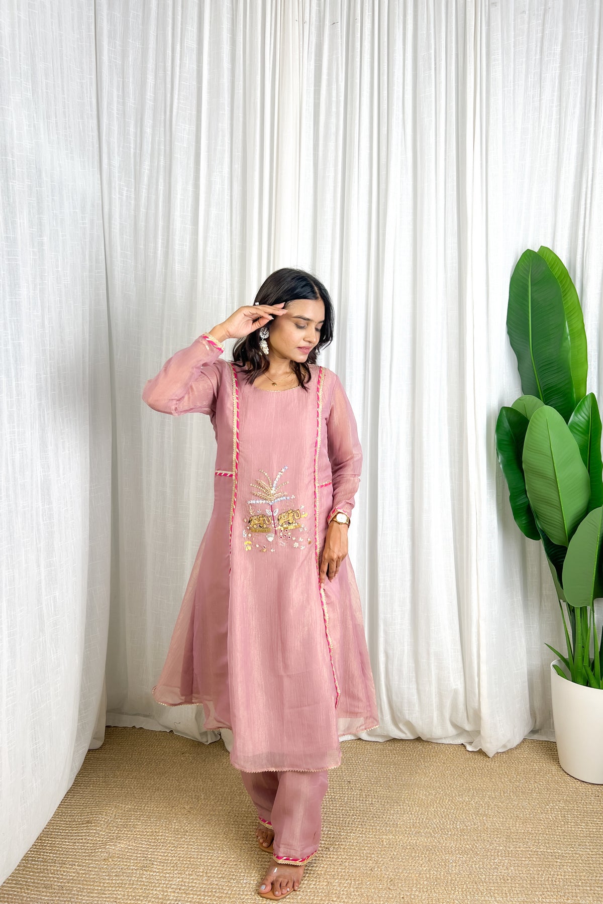 Dusty Pink Handmade Designer Elephant & Palm Handwork Festive Kurta Set For Women
