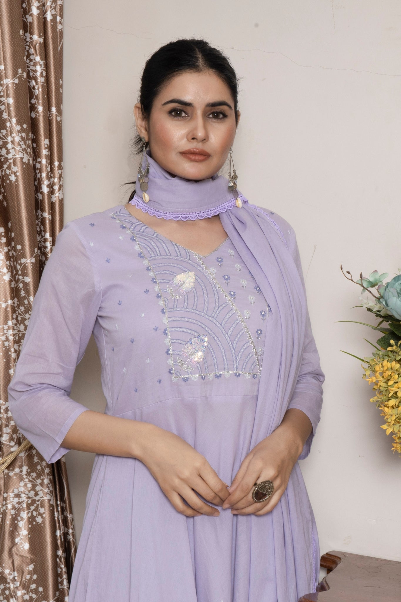 Elegant Soft Lavender Embroidered And Handwork Mal Cotton Anarkali Suit With Dupatta
