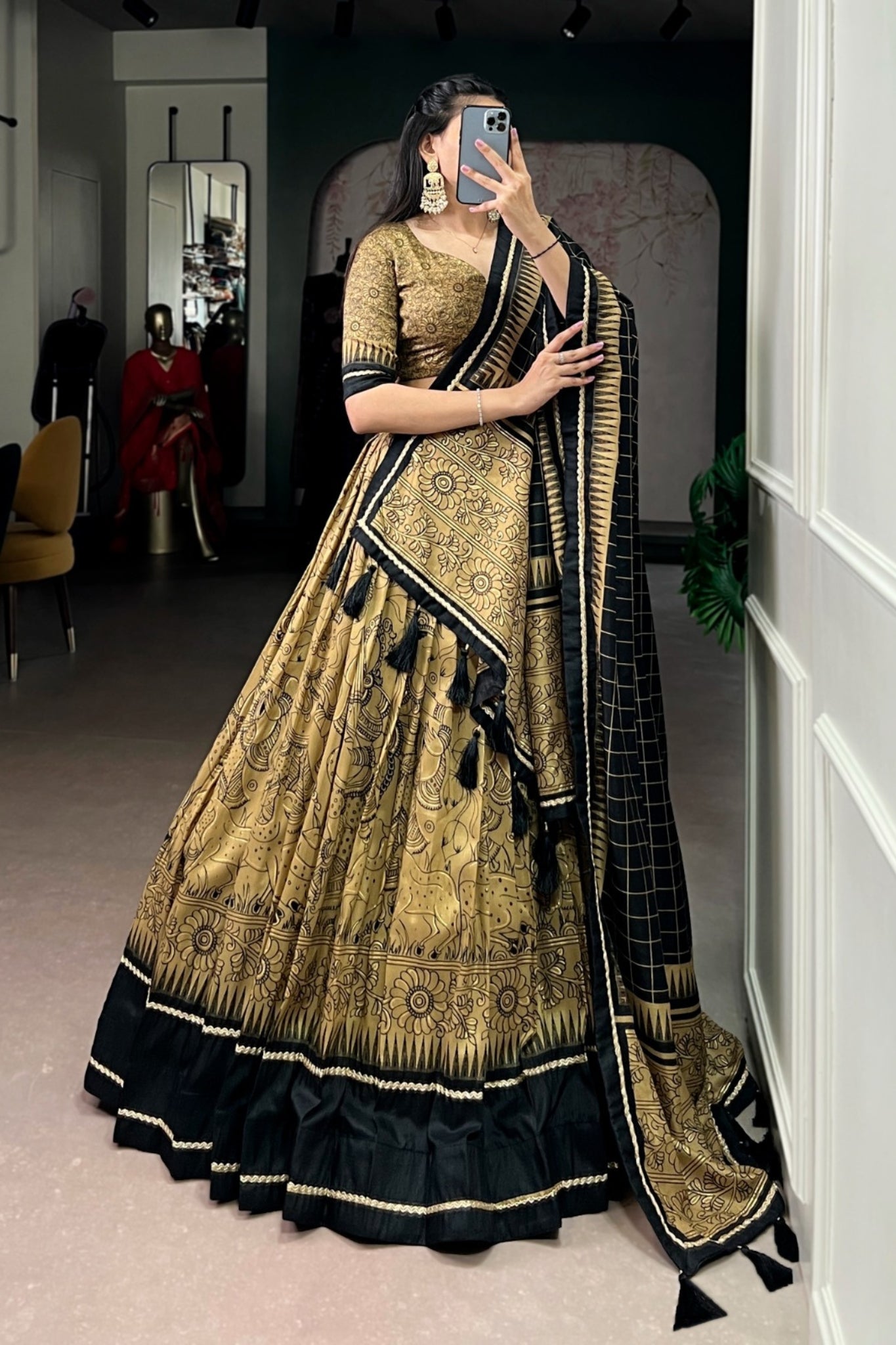 Festive Kalamkari Printed Tasar Silk Lehenga Choli With Dupatta
