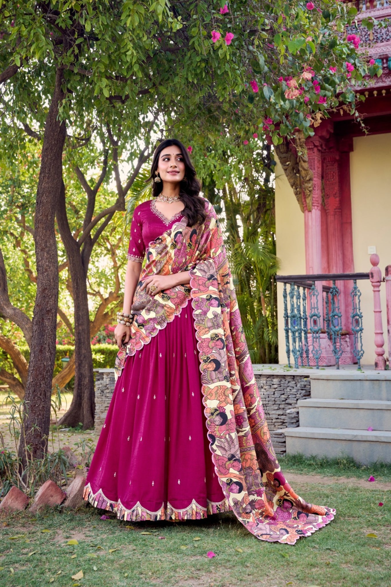Stunning Sequins Tread Embroidery With Kalamkari Printed Lehenga Choli