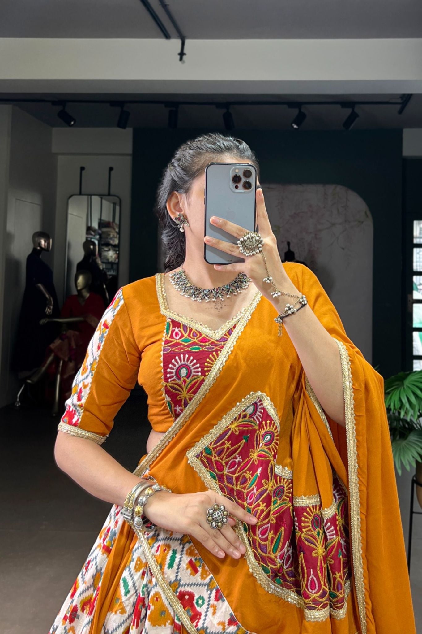 Mustard Rayon With Patola Print Silk Designer Gamthi Work Classic Lehenga Choli