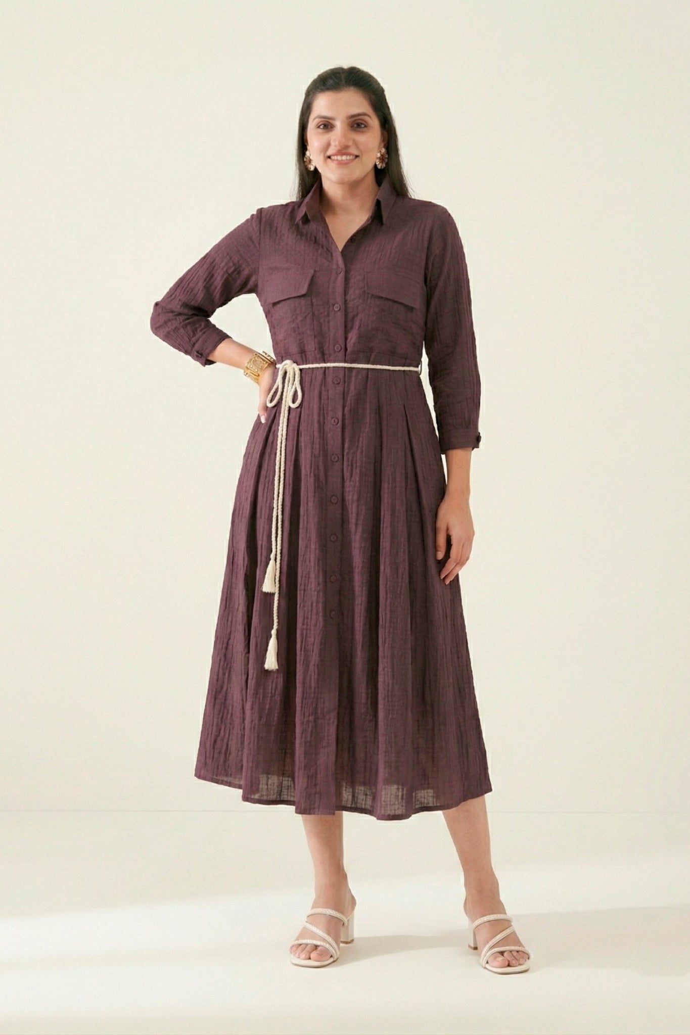 Premium Crackle Fabric Button Down Midi Frock For Women