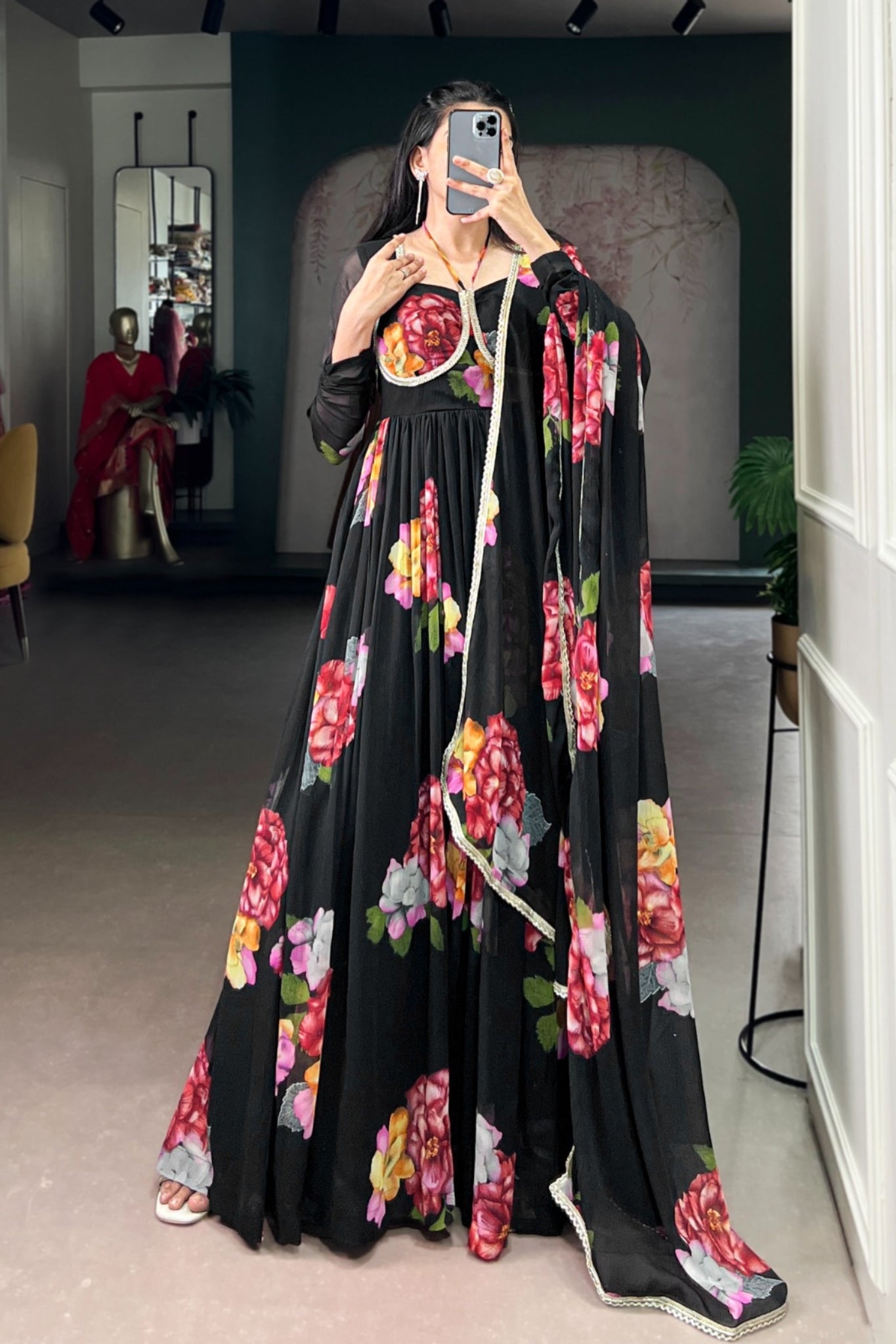 Premium Chiffon Floral Print Gown With Lace Detailing And Matching Dupatta