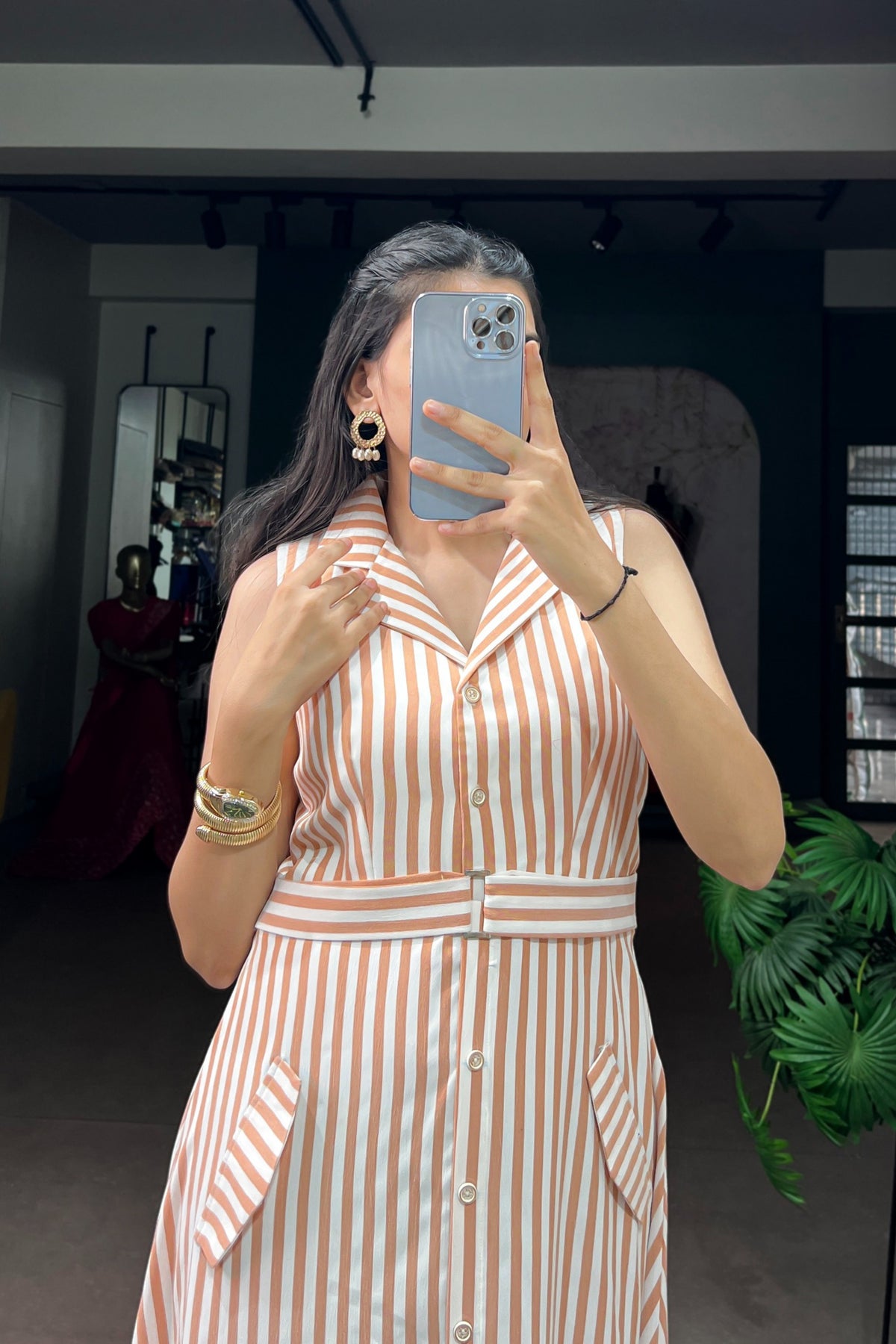 Peach Striped Pettal Silk Belted Dress