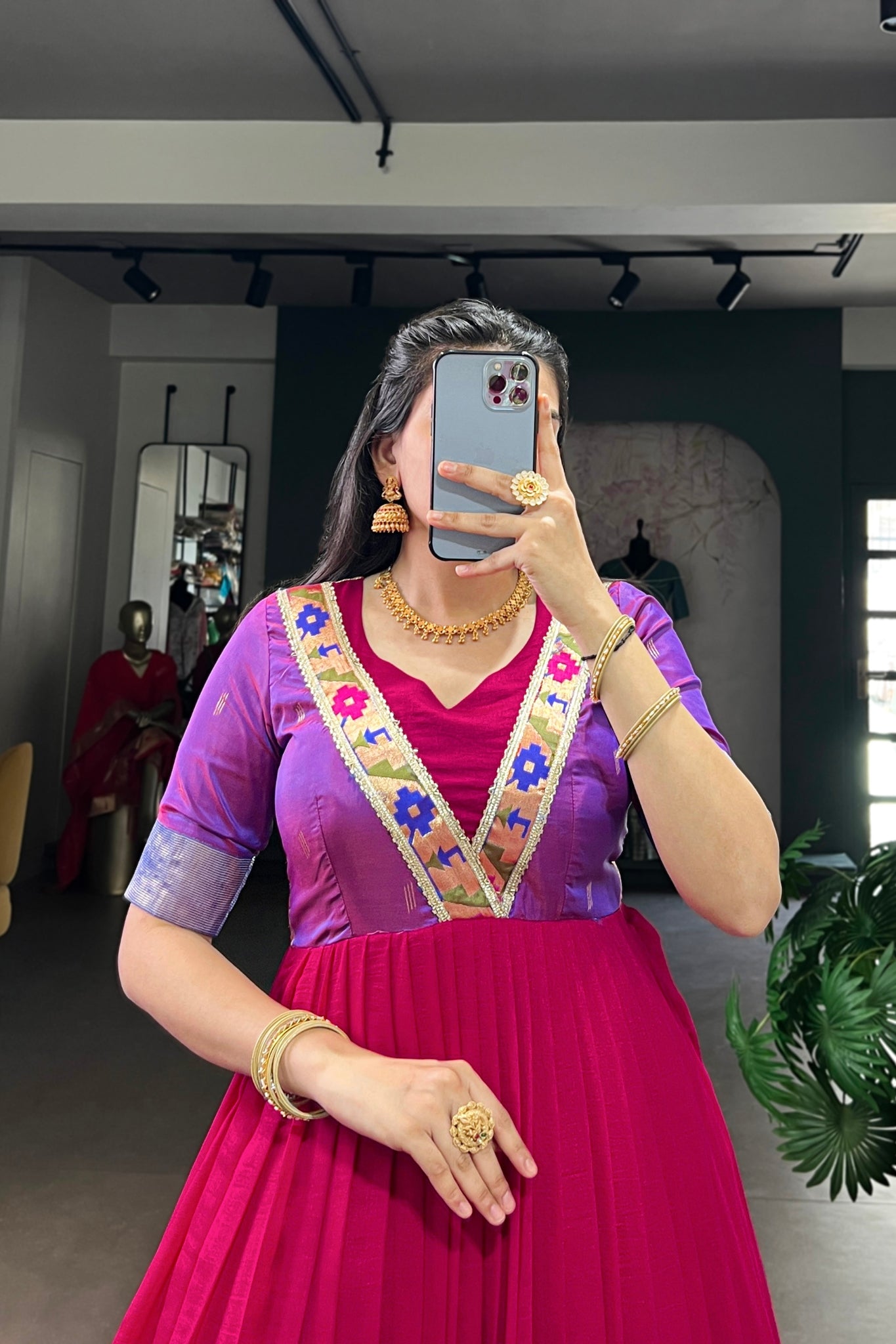 Premium Pink Vichitra Silk Zari Woven Flared Dress With Lace Detailing