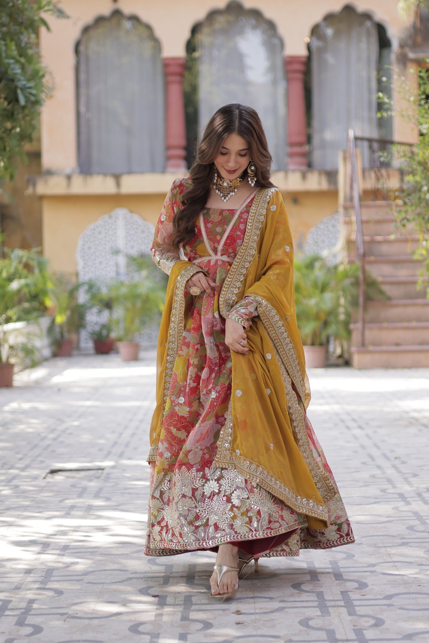 Designer Printed Gold Sequins Embroidered Work Anarkali Gown