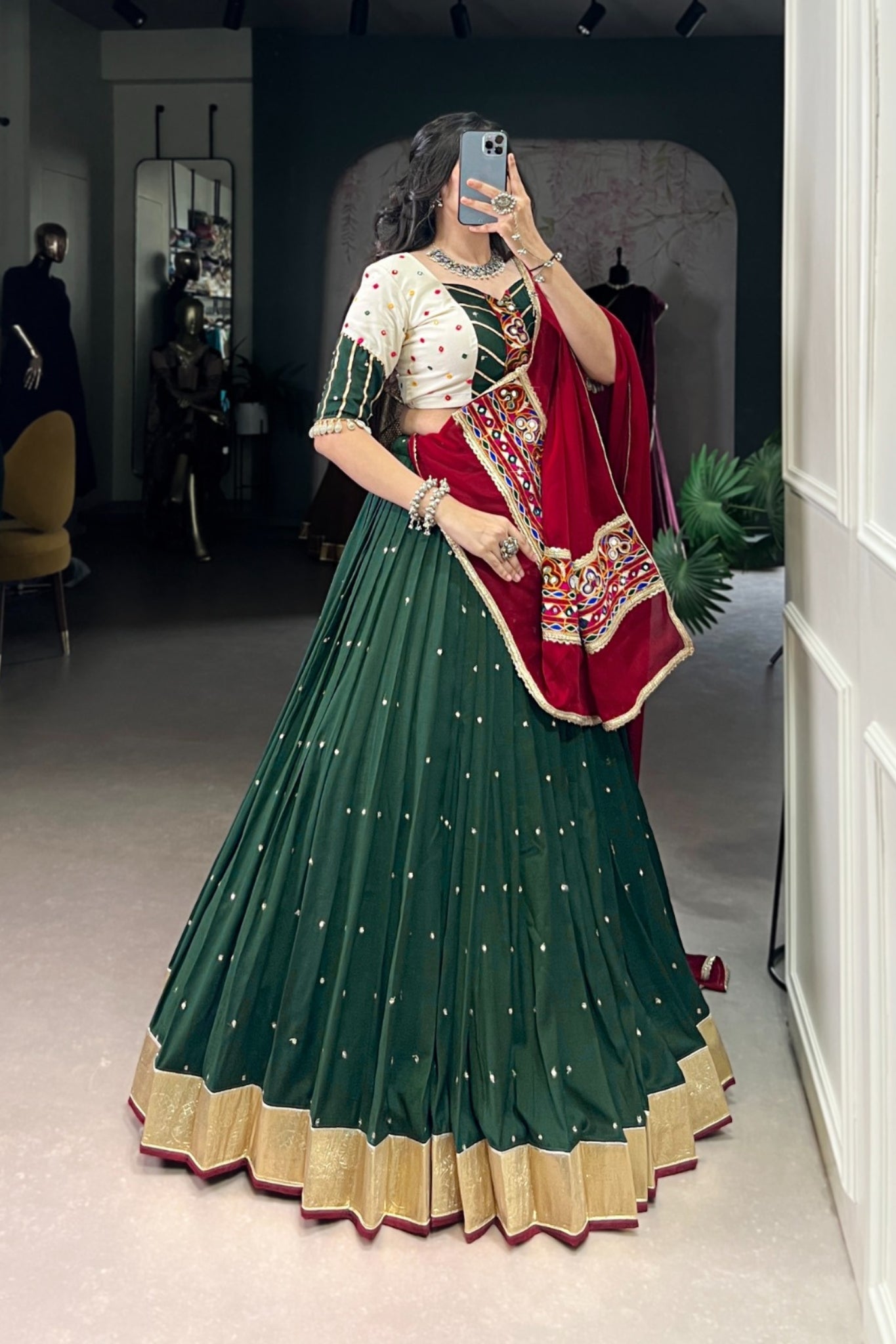 Green Sequins Thread Embroidered Embossed Designer Navratri Lehenga Choli