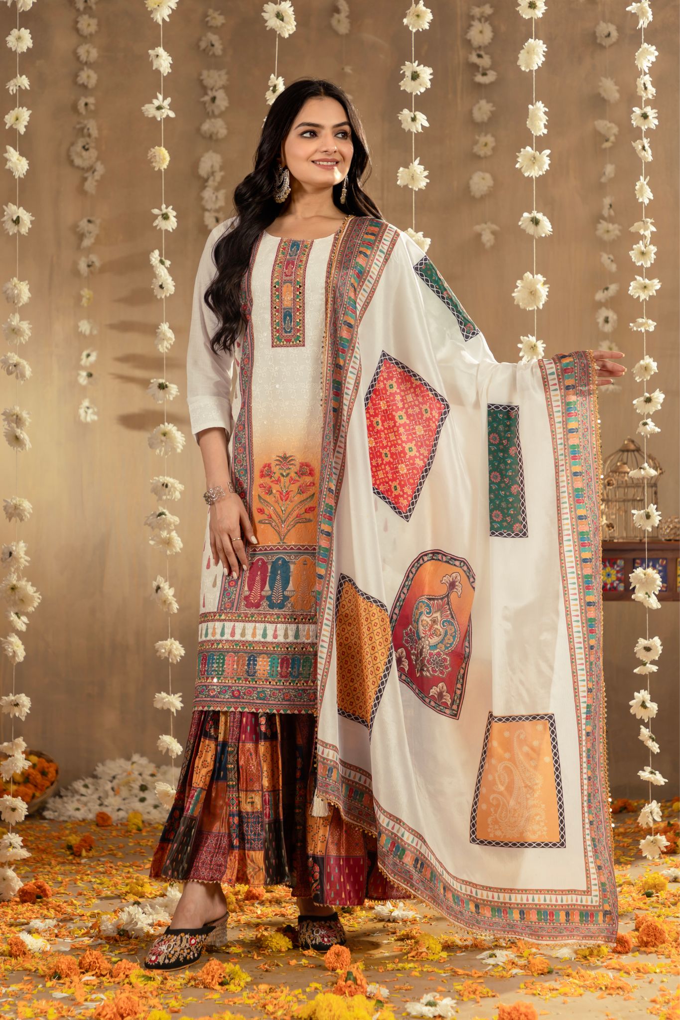 Stunning Printed With Mirror Sifali Work Cotton Sharara Set