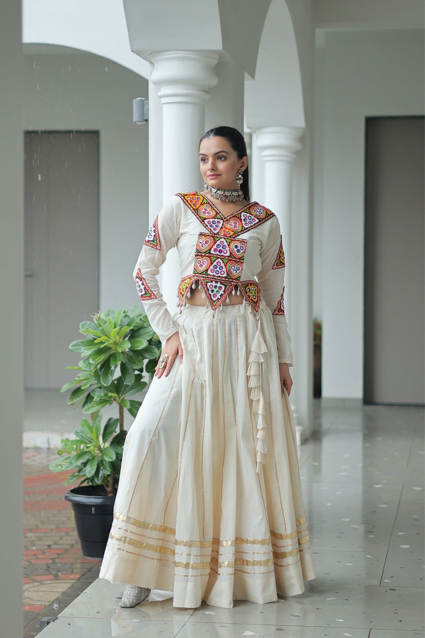 Off White Cotton Kutchi Gamthi Work With Gota Patti Lace Touch up Navratri Designer Lehenga choli