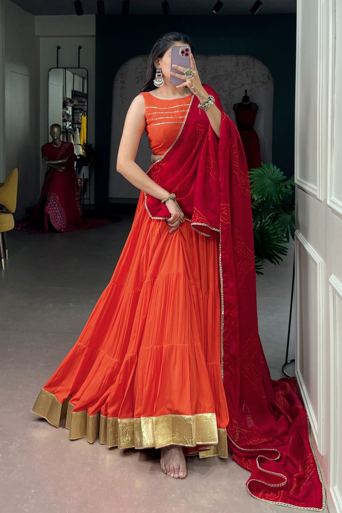 Orange Rayon Navratri Lehenga Choli With Chiffon Dupatta