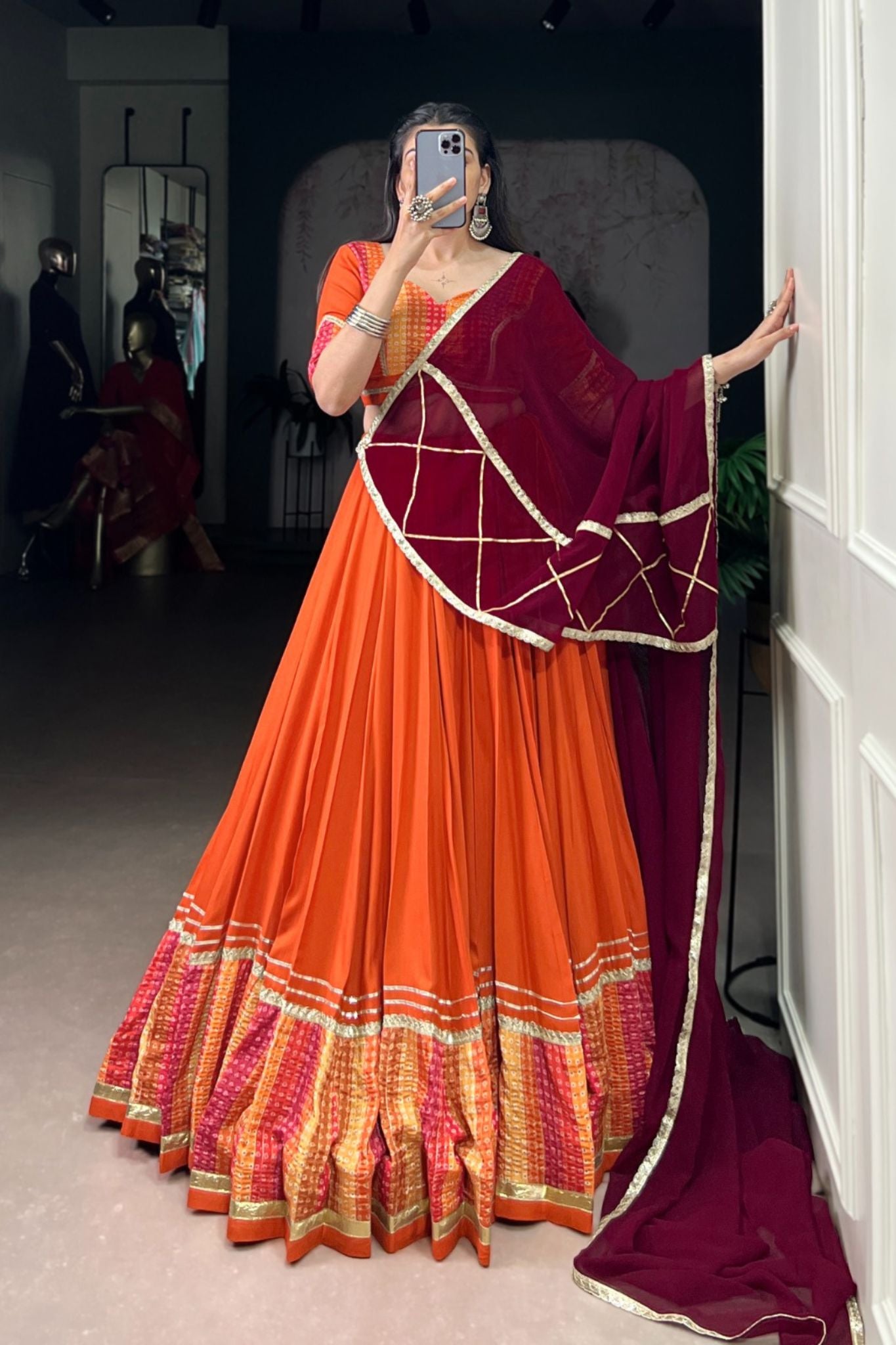Vibrant Orange Pure Rayon Bandhej Print Traditional Lehenga Choli