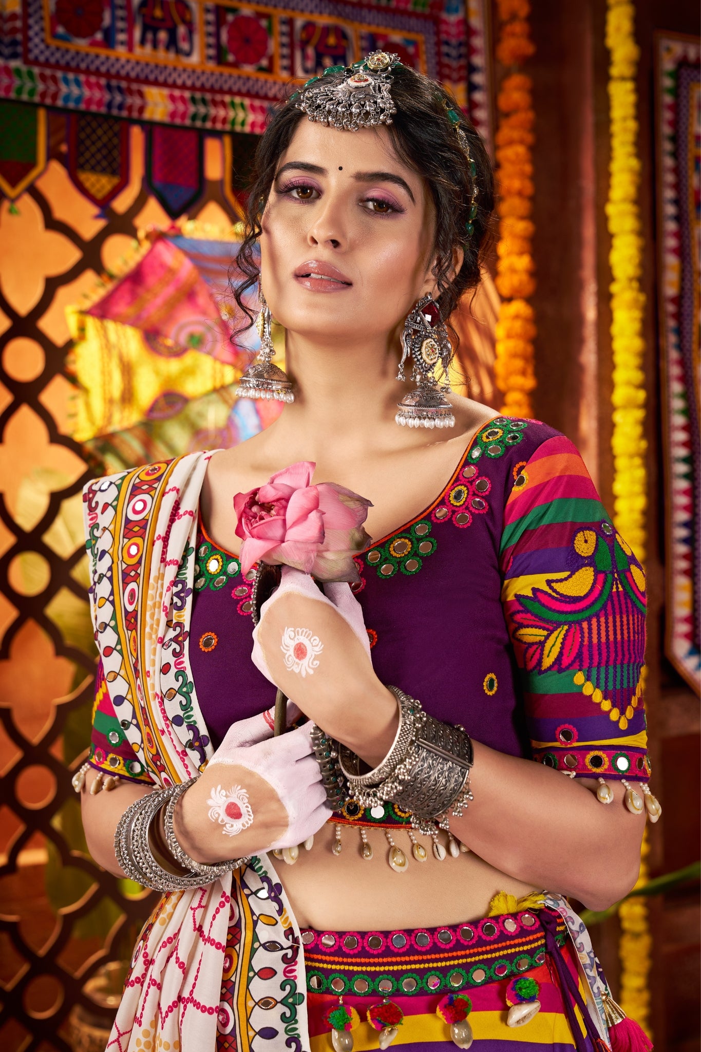 Multi Color Muslin Designer Stunning Print With Mirror Work Navratri Lehenga Choli