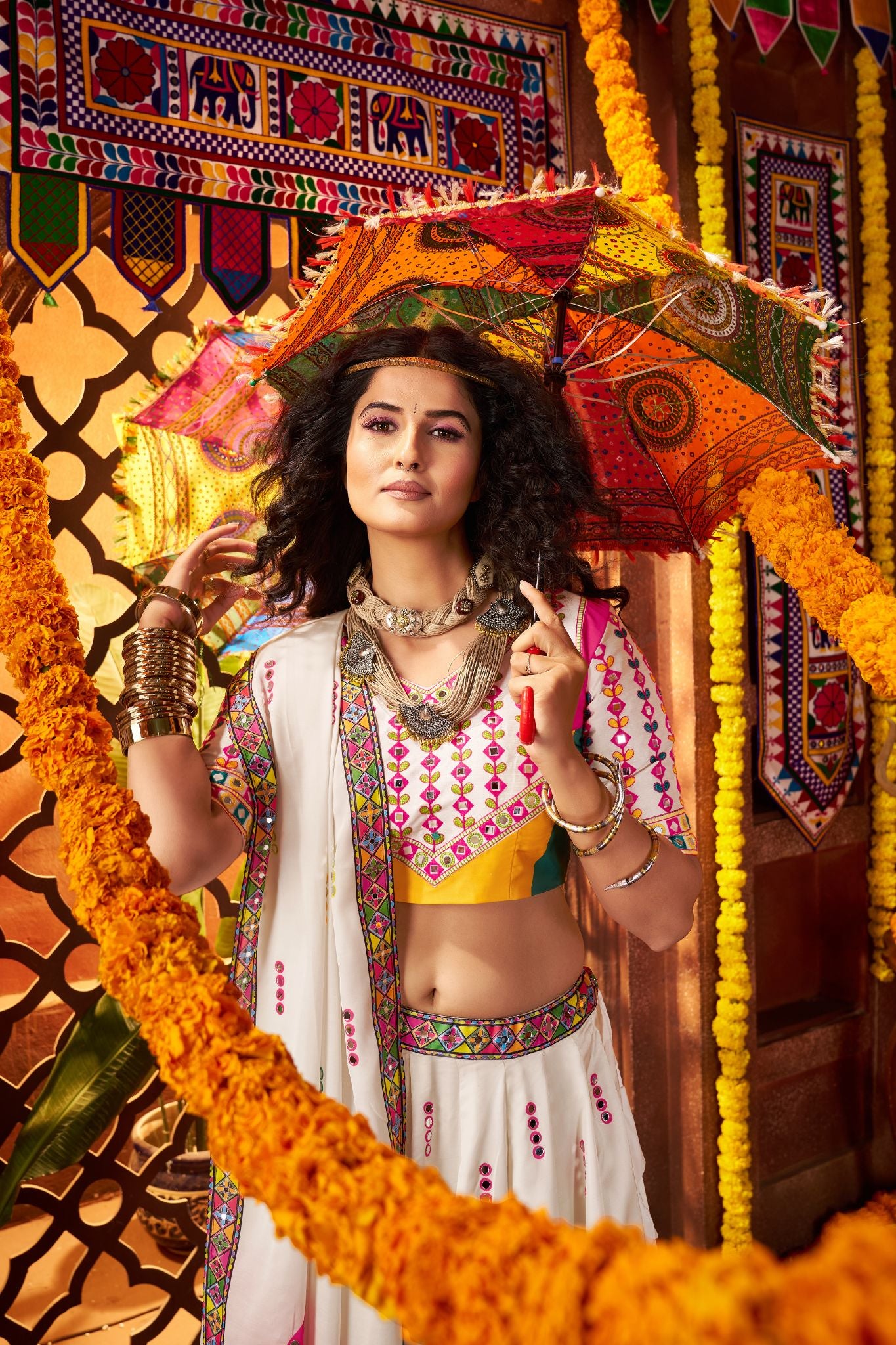 Designer White Lehenga Choli For Navratri With Mirror And Hand Embroidery Work