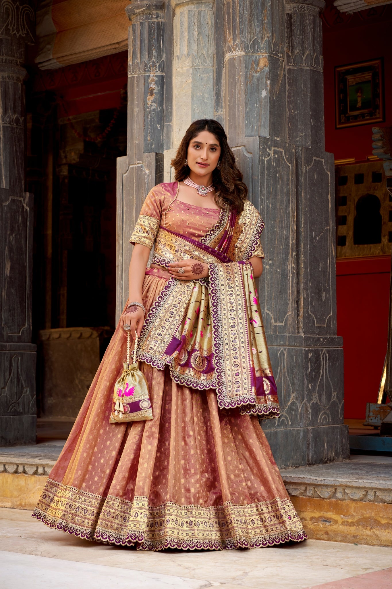 Designer Shimmer Organza Lehenga Set With Intricate Zari Weaving
