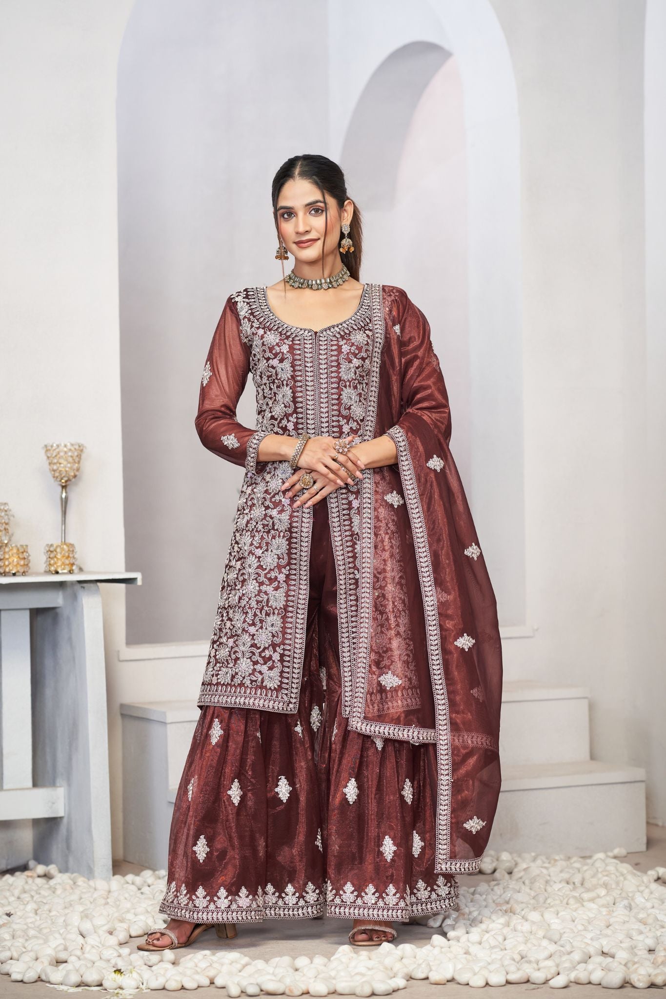 Brown Sequins Embroidered With Real Mirror Work Sharara Set Of 3
