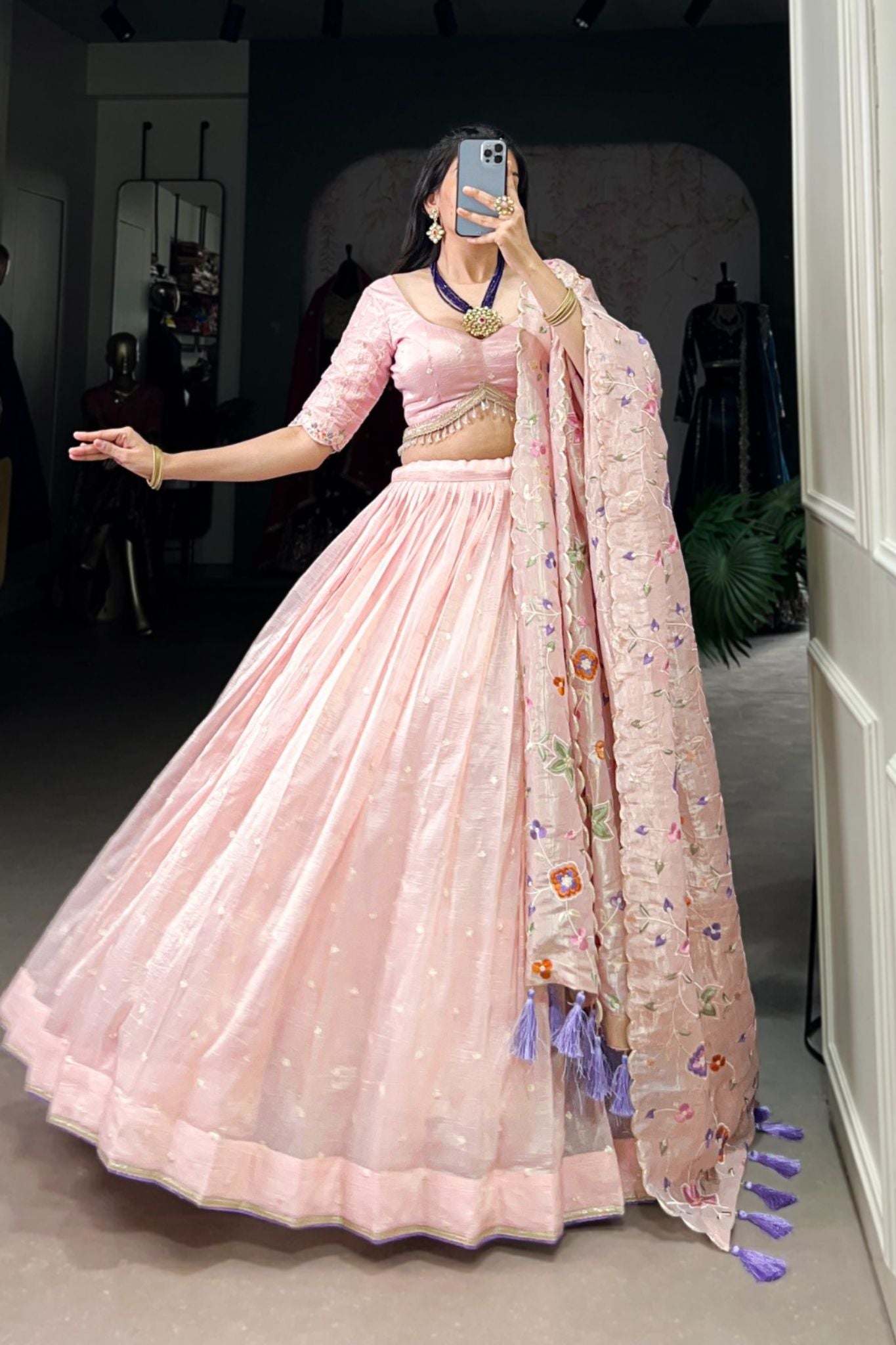 Light Pink Thread Embroidered Gold Crush Lehenga Set For Wedding