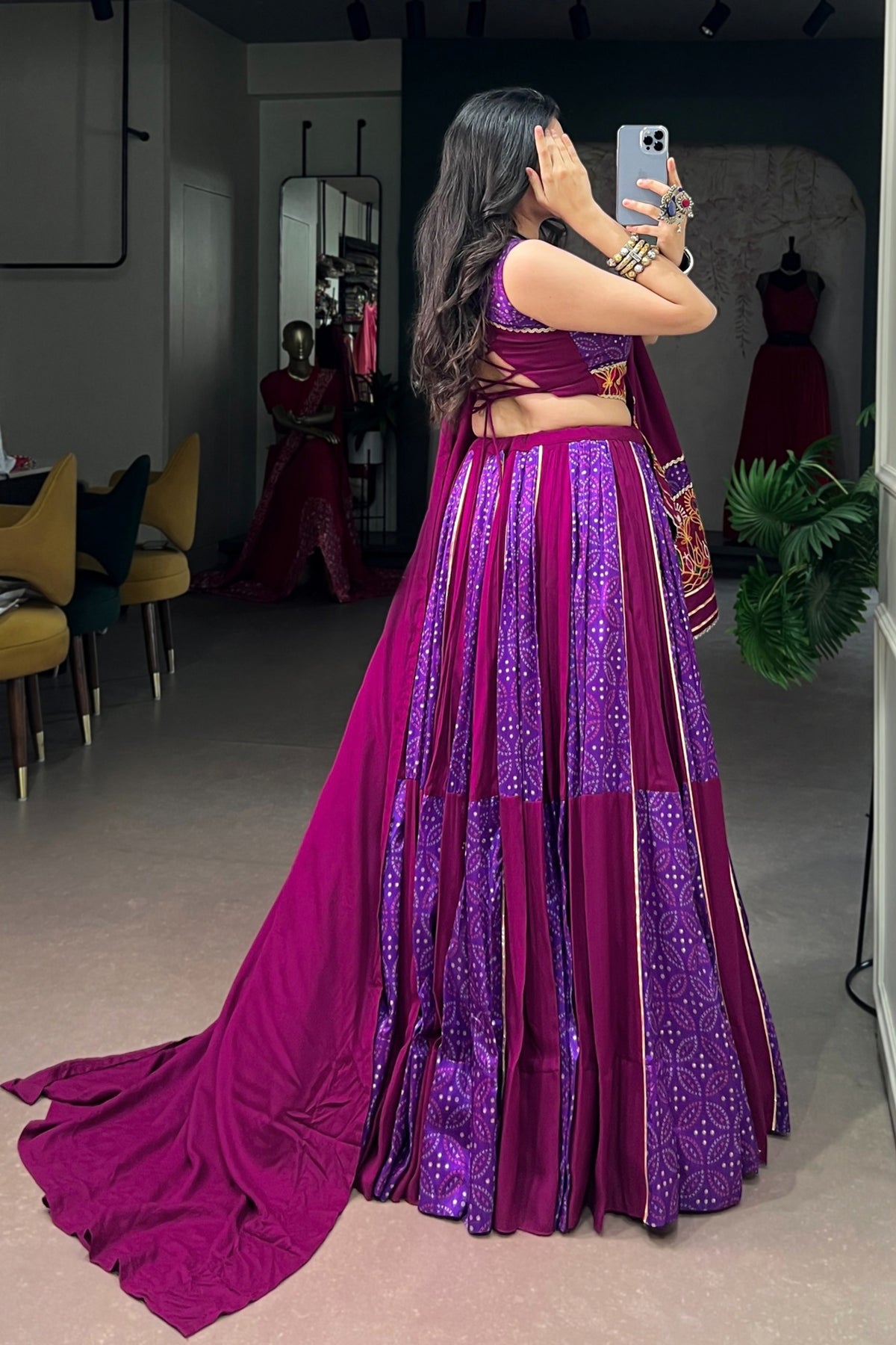 Tasar Silk Bandhej Print Panelled Lehenga With Gamthi Work Designer Lehenga Choli For Navratri