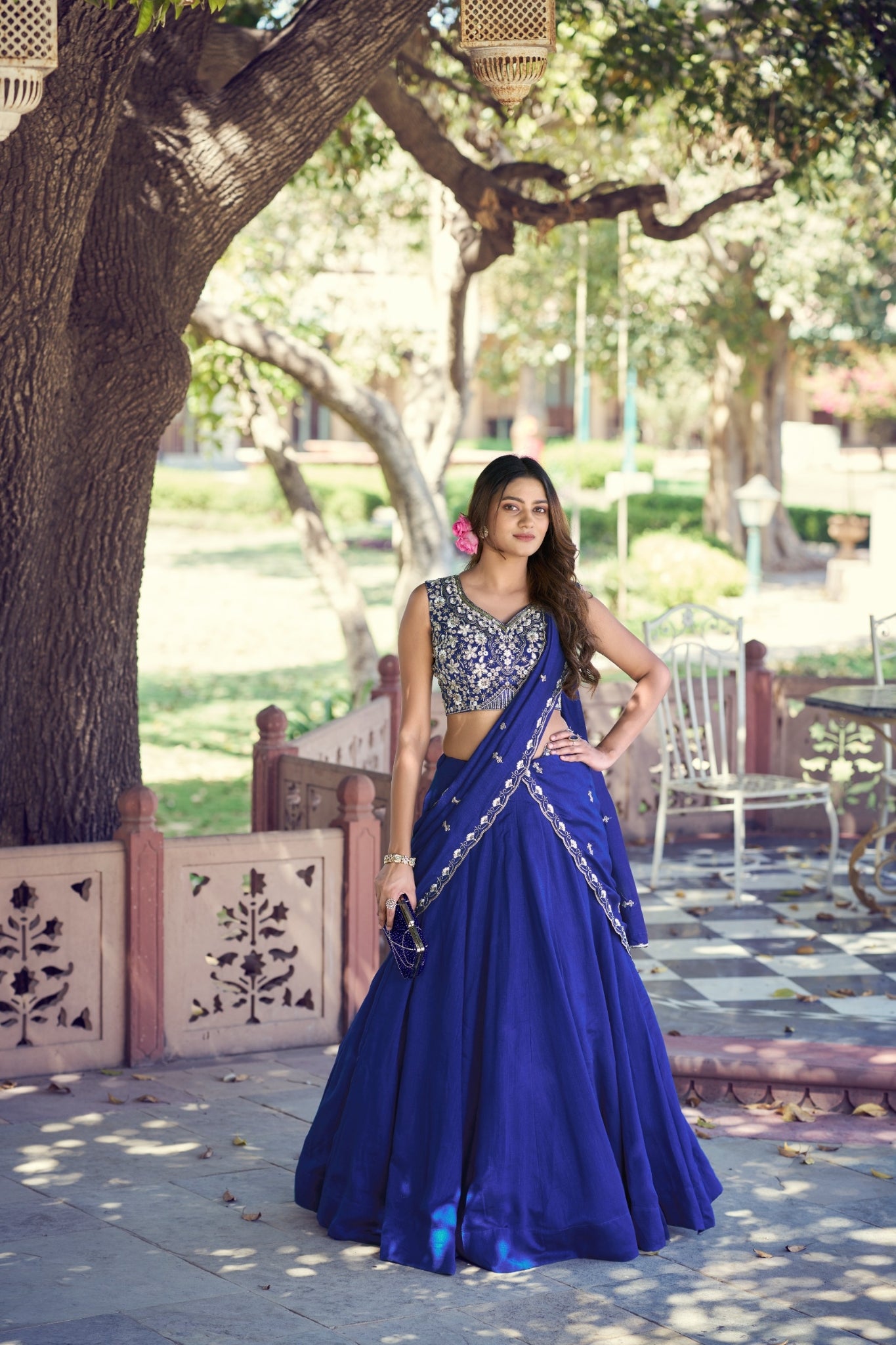 Royal Blue Kashmiri Lehenga Set With Heavy Embroidered Blouse And Dupatta