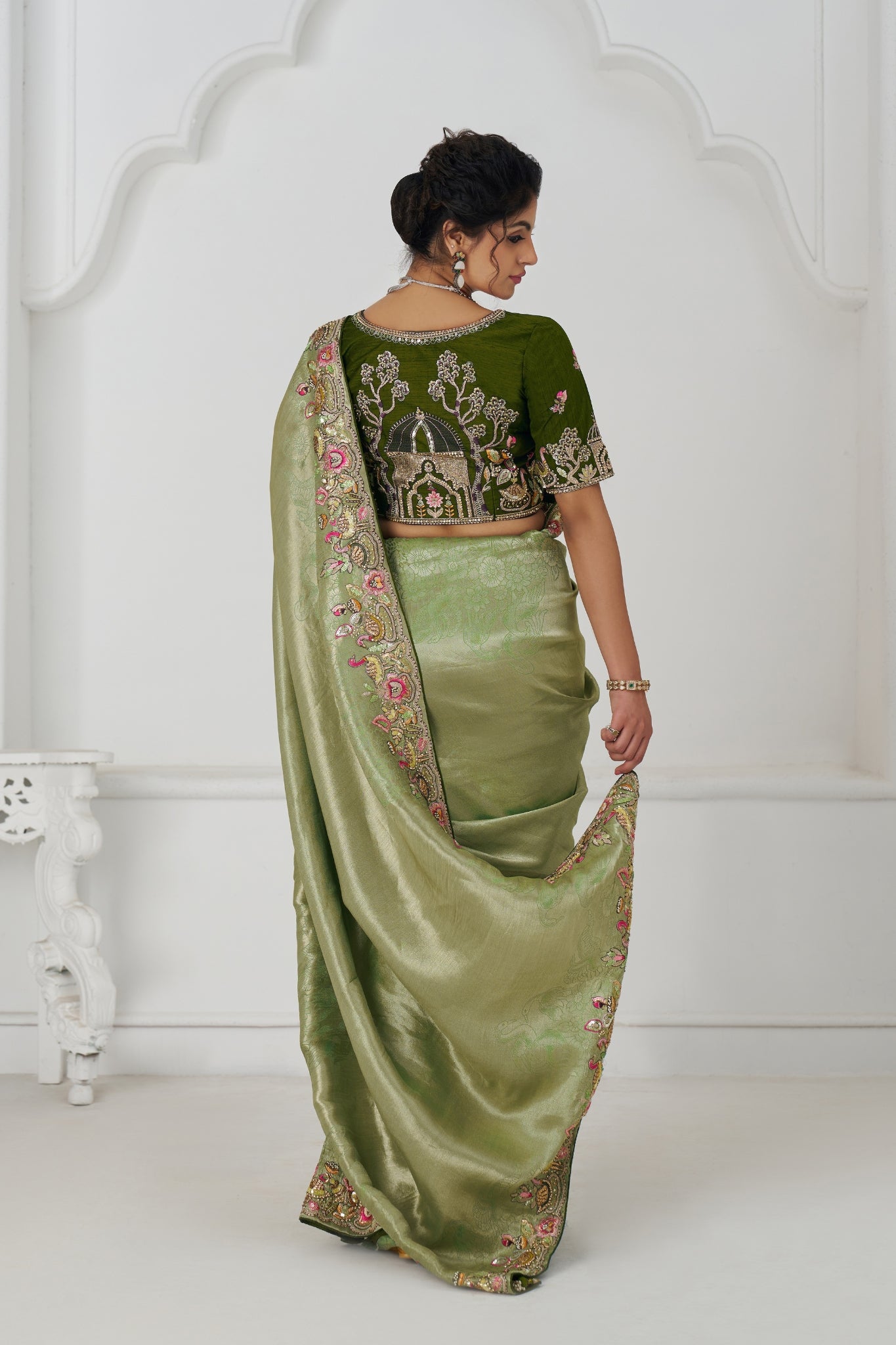 Mehndi Luxury Wedding Saree With Multi-Thread Bead Embroidery & Sequin Work