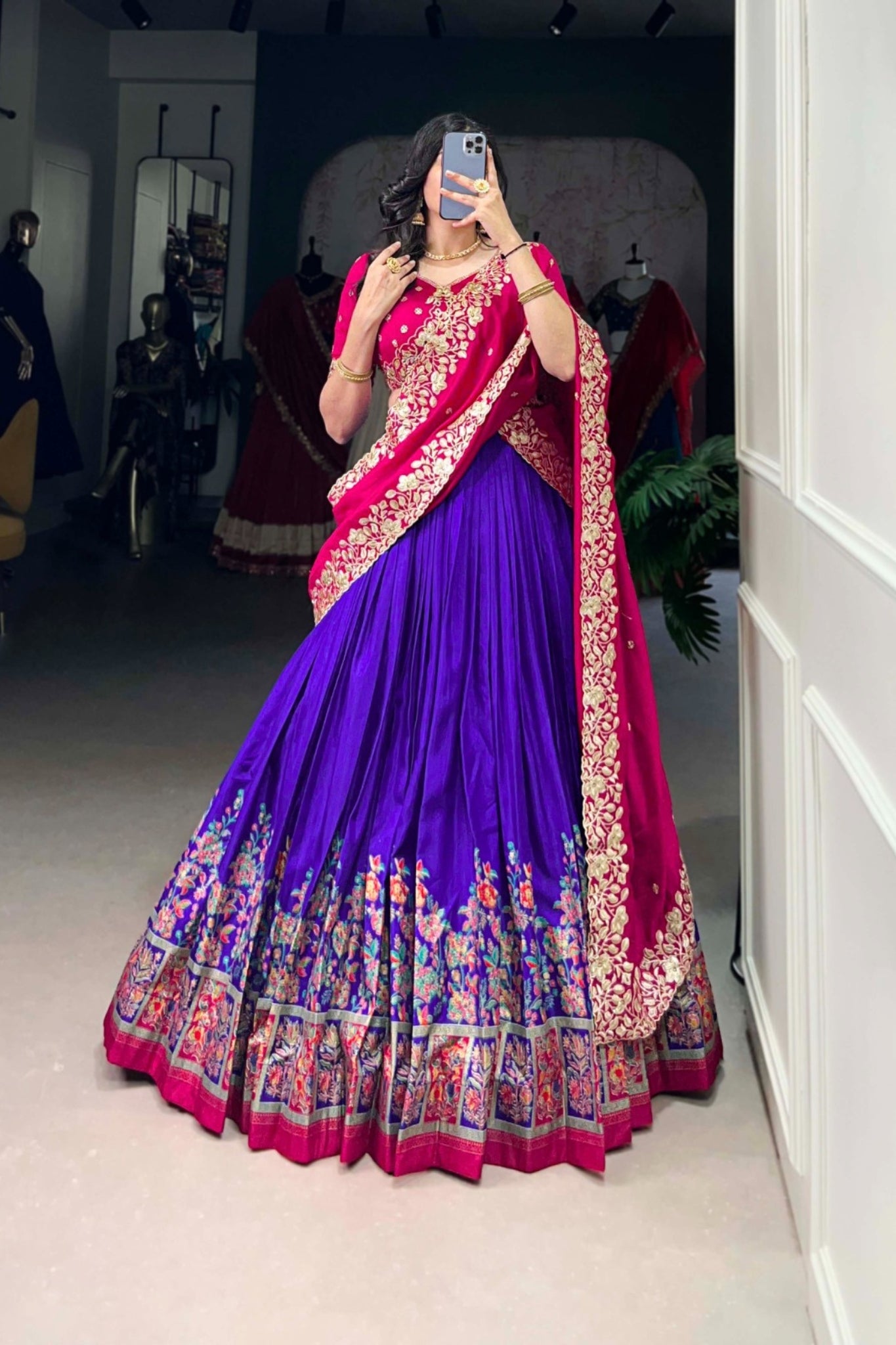 Designer Tussar Silk Printed Lehenga Set With Embroidered Blouse And Dupatta