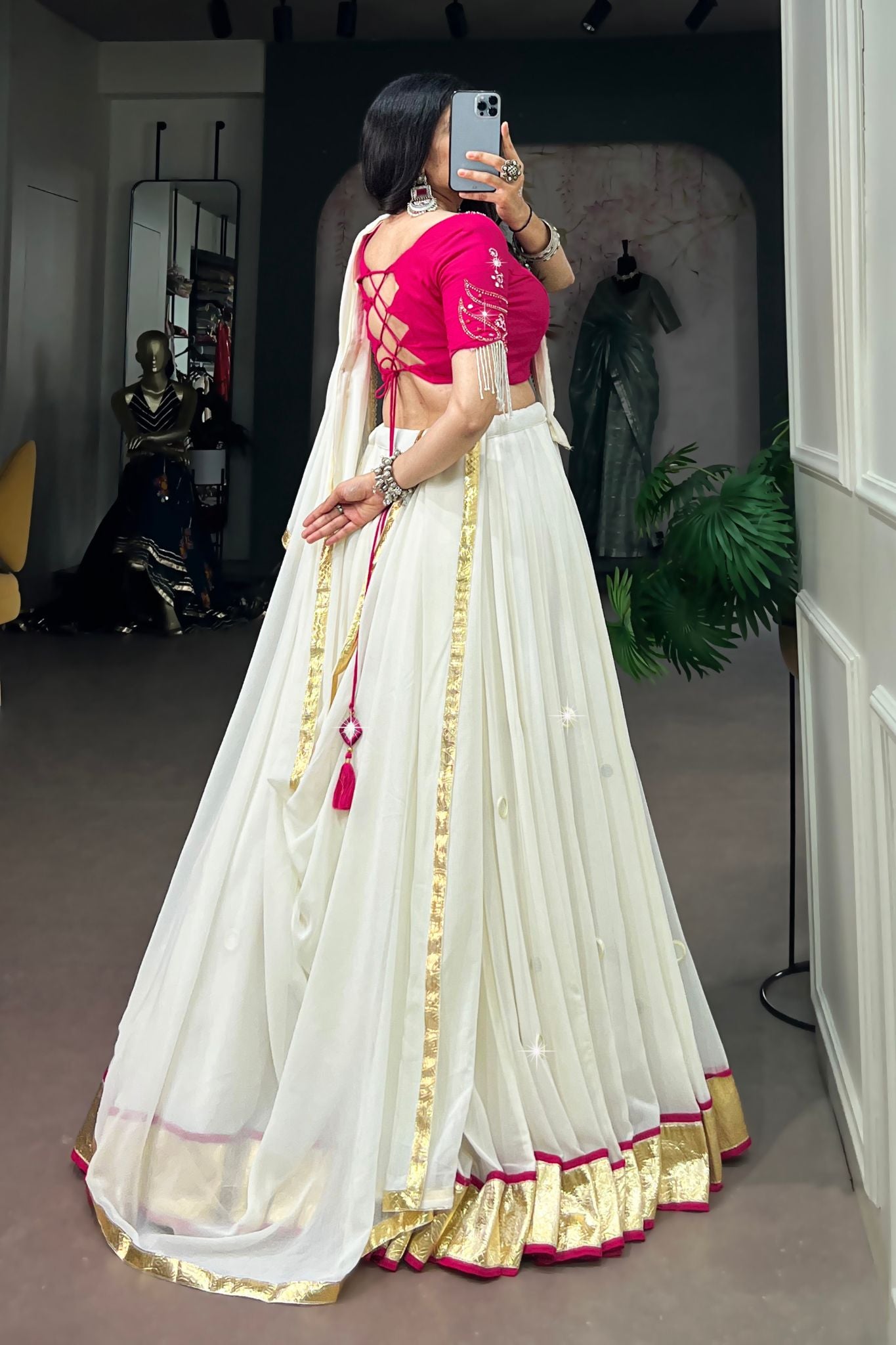 Raasrang Moonlight White Navratri Designer Lehenga Choli With Pink Blouse
