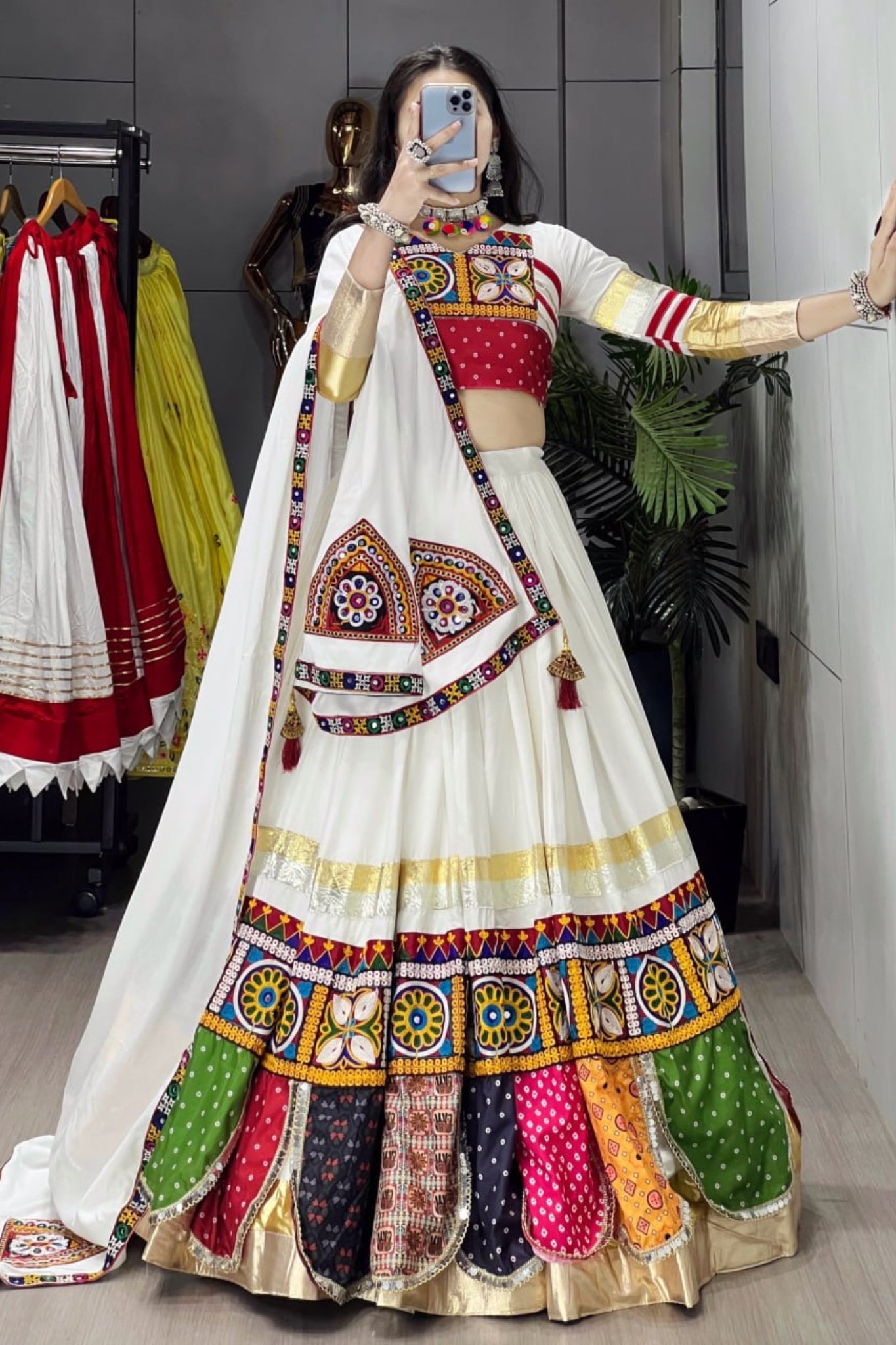 Raasrang Designer Navratri Lehenga Choli With Kutch Mirror Work & Multicolor Patch Design For Garba Dandiya
